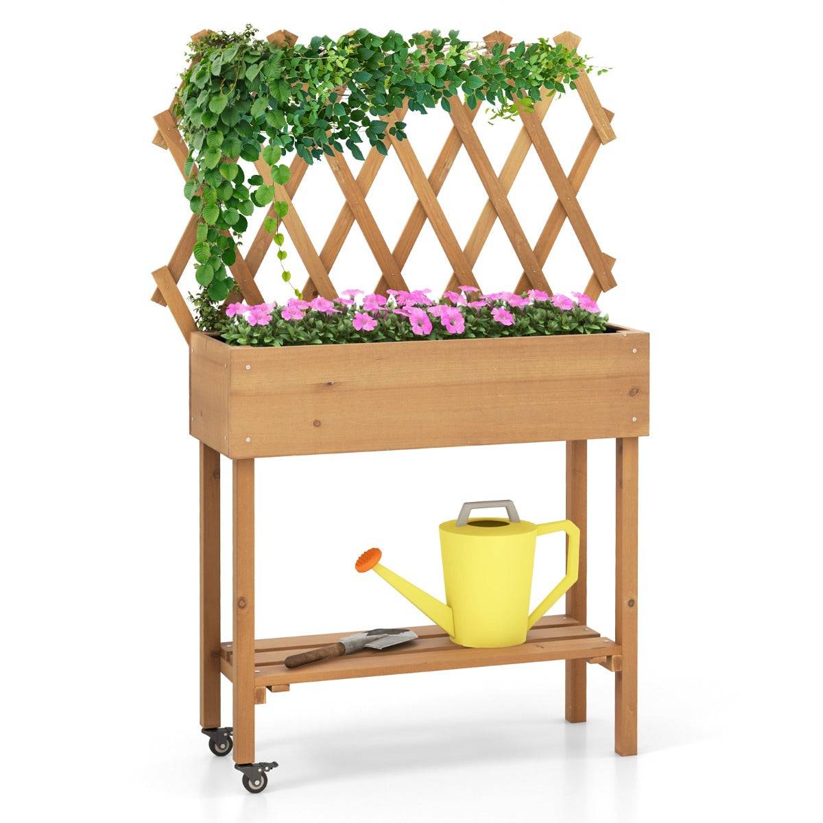 Helloshop26 - Lit de jardin surélevé en bois avec treillis etagère de rangement jardinière surélevée avec roues verrouillables doublure en tissu naturel - Image 1