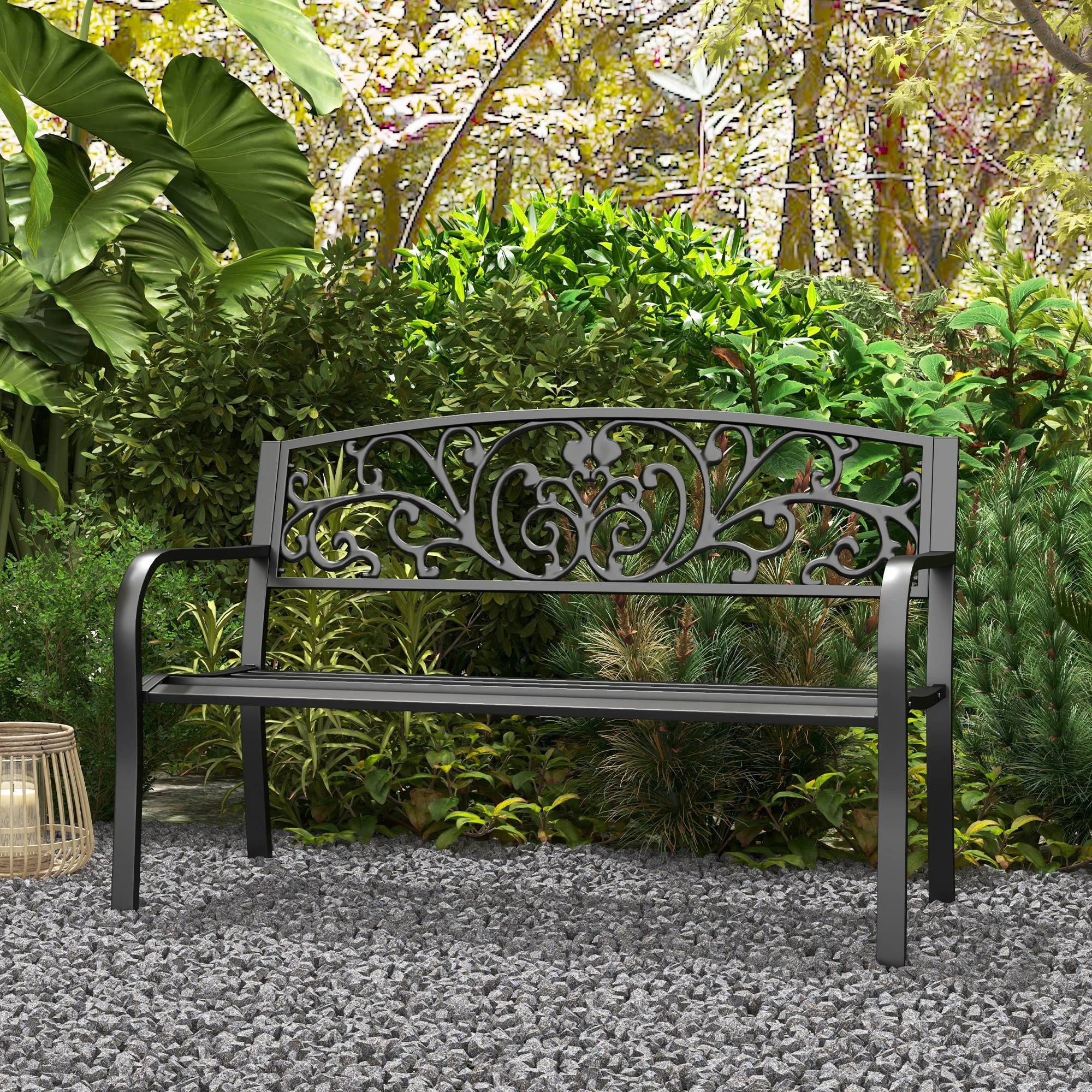 Banc de jardin en métal avec dossier décoré, 127 x 60 x 87 cm - Noir - Image 10