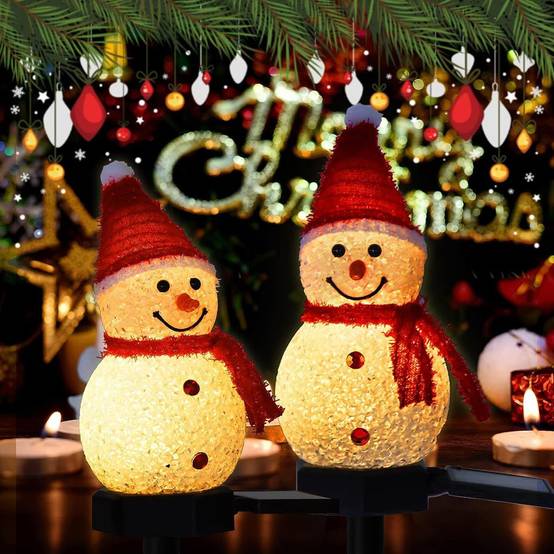 Lot de 3 lumières solaires de bonhomme de neige de Noël avec piquet, lumières solaires extérieures pour allée de Noël, décorations de Noël – Rouge - Image 3