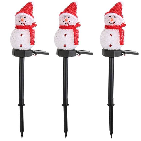 Lot de 3 lumières solaires de bonhomme de neige de Noël avec piquet, lumières solaires extérieures pour allée de Noël, décorations de Noël – Rouge - Image 1