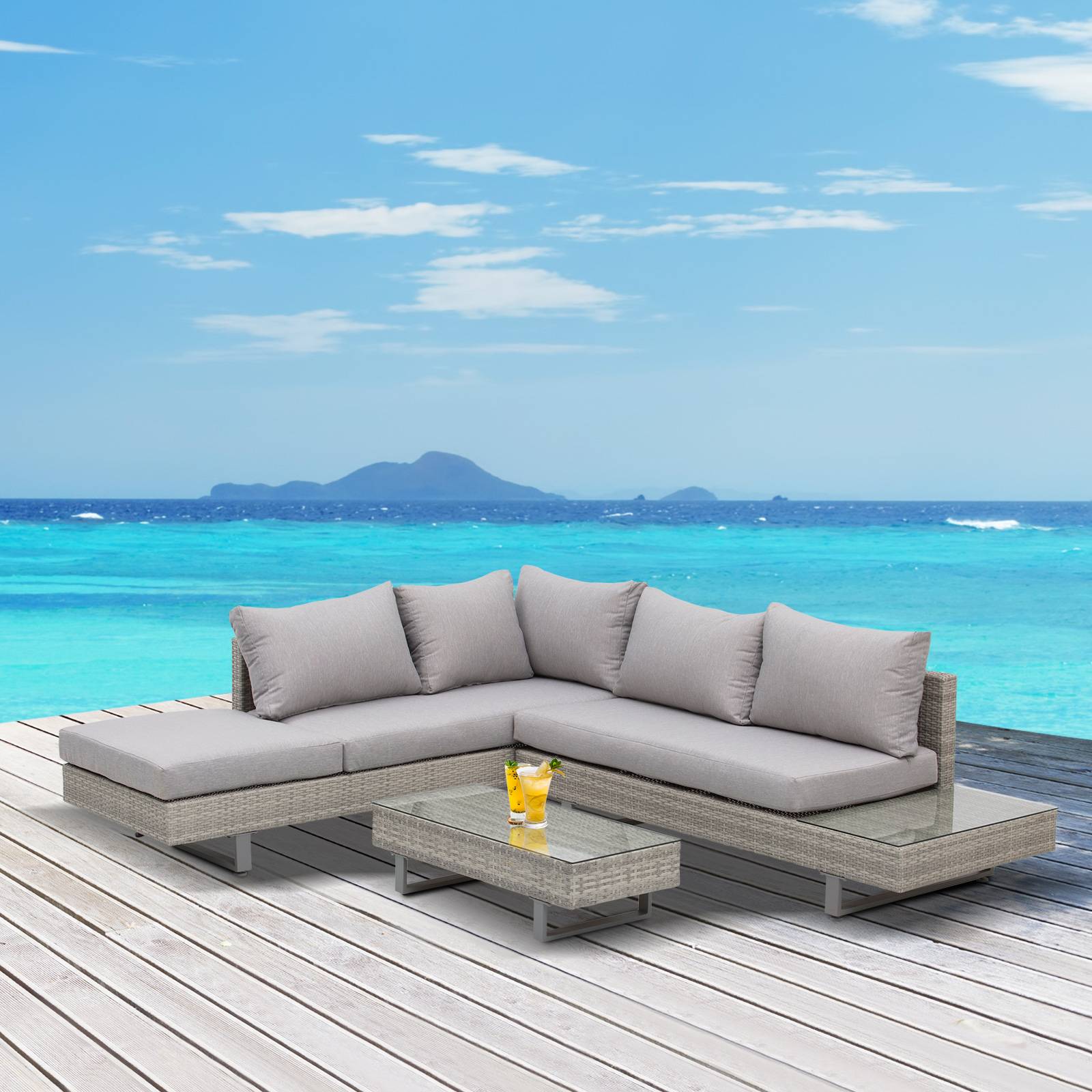 Outsunny - Ensemble salon de jardin d'angle 5 places design contemporain coussins déhoussables table basse acier époxy résine tressée grise - Outsunny - Image 2