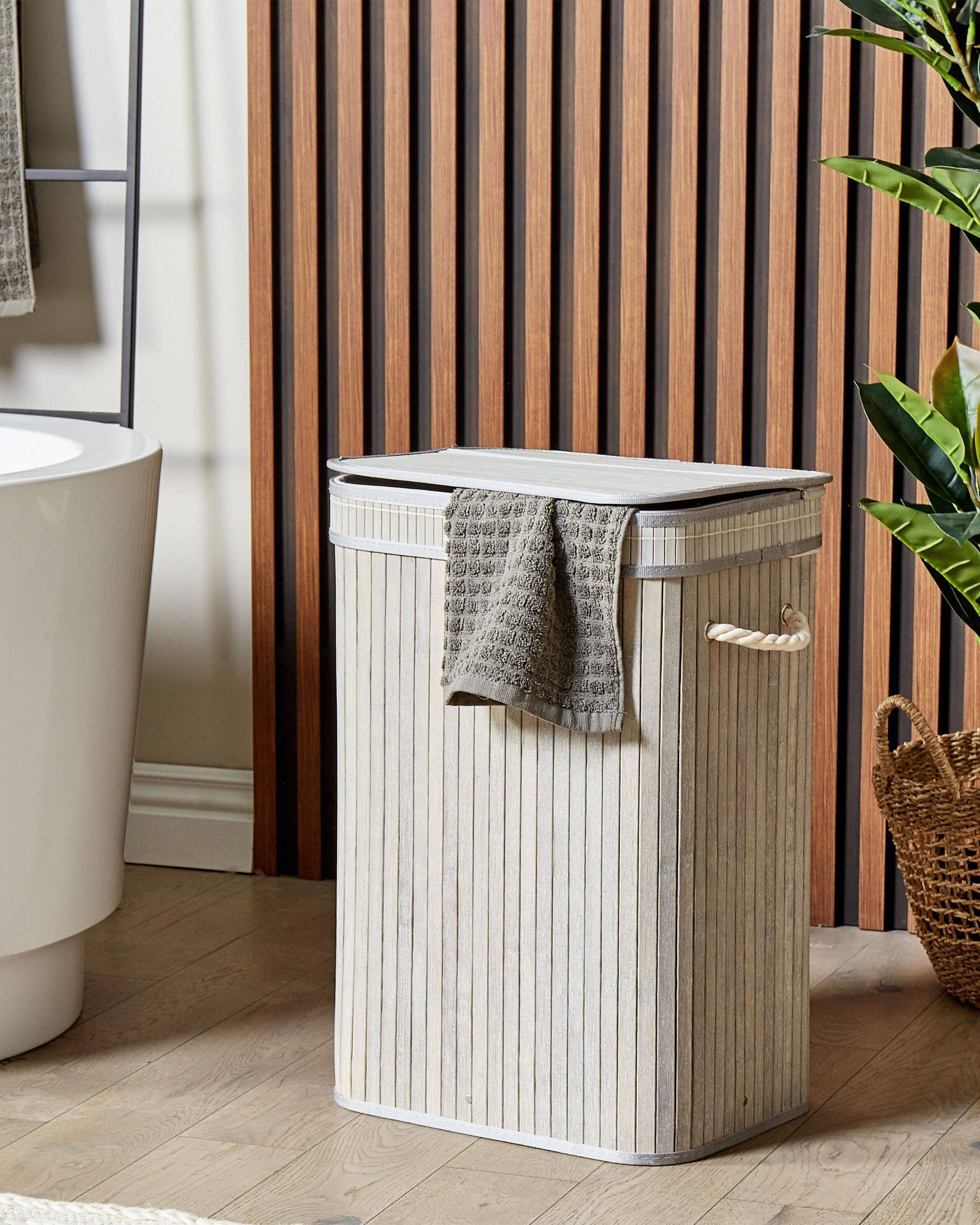 Panier Gris en Bambou Coton et Viscose 60 cm avec Couvercle Corbeille à Linge Rectangle à Anses Rangement Spacieux Pratique et Fonctionnel - Image 2