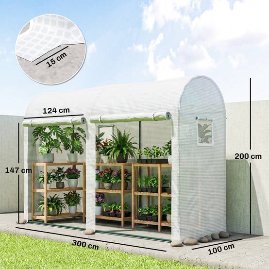 Sans Marque - Serre Jardin Petite Balcon Bâche PE Châssis Acier Portes Fenêtres Roulantes 300x100x200 cm blanc - Image 5