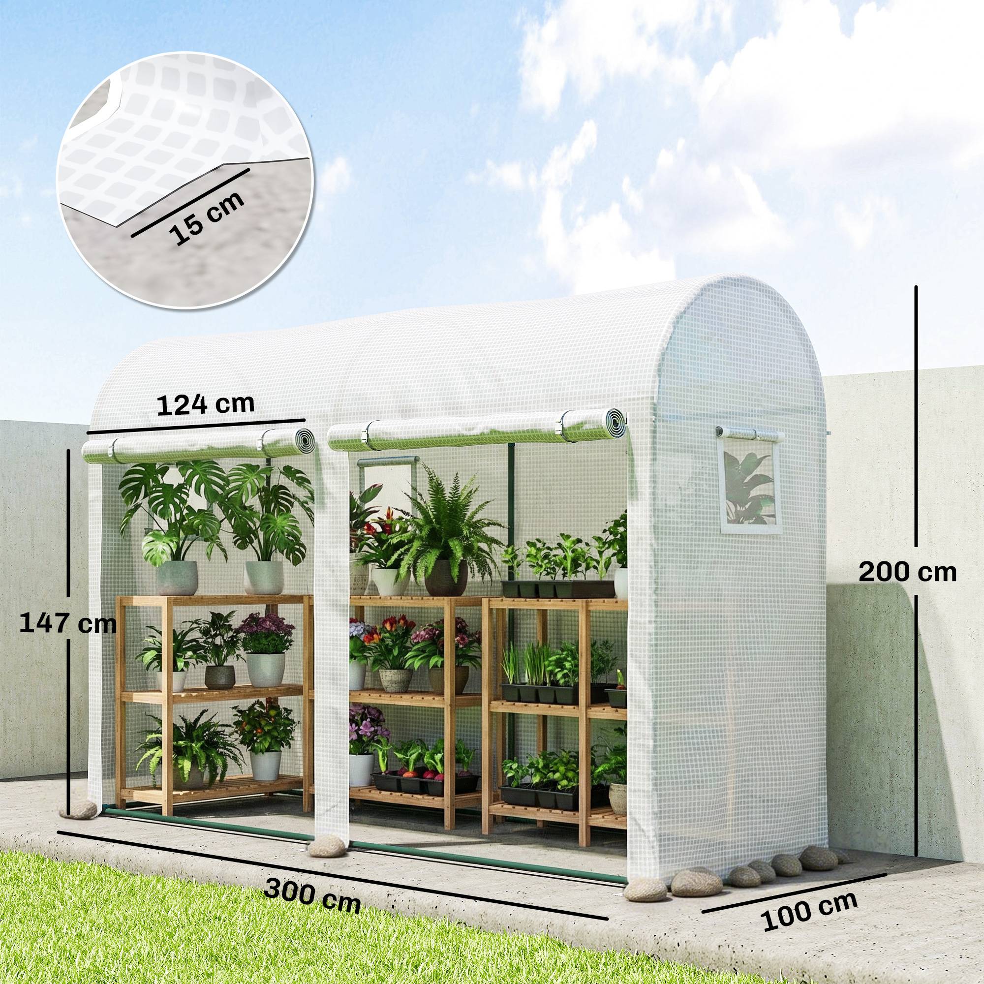 Sans Marque - Serre Jardin Petite Balcon Bâche PE Châssis Acier Portes Fenêtres Roulantes 300x100x200 cm blanc - Image 5