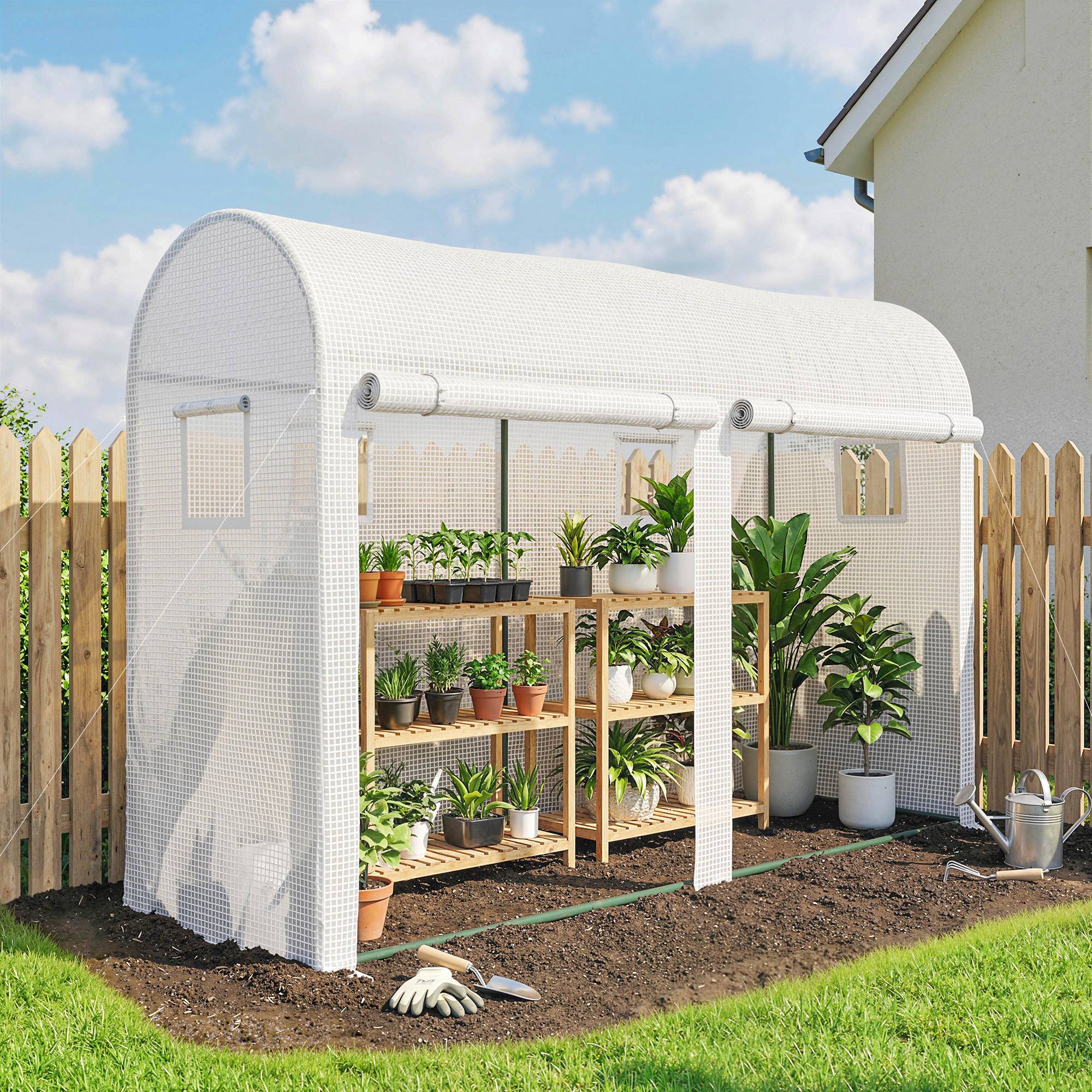 Sans Marque - Serre Jardin Petite Balcon Bâche PE Châssis Acier Portes Fenêtres Roulantes 300x100x200 cm blanc - Image 4