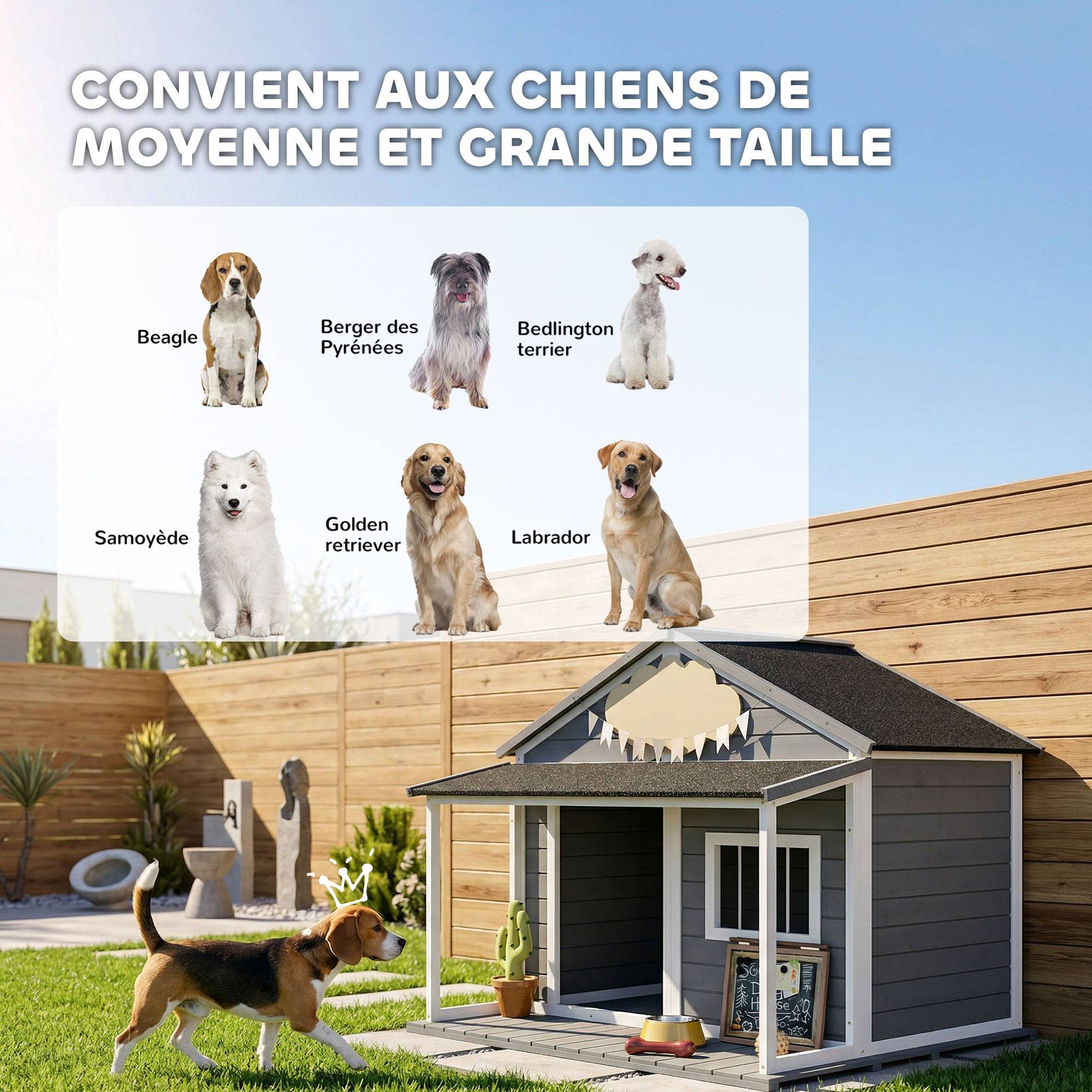 Niche pour Chien Extérieur avec Terrasse et Toit Bitumé Bois 124 x 112 x 105 cm Gris - Image 9