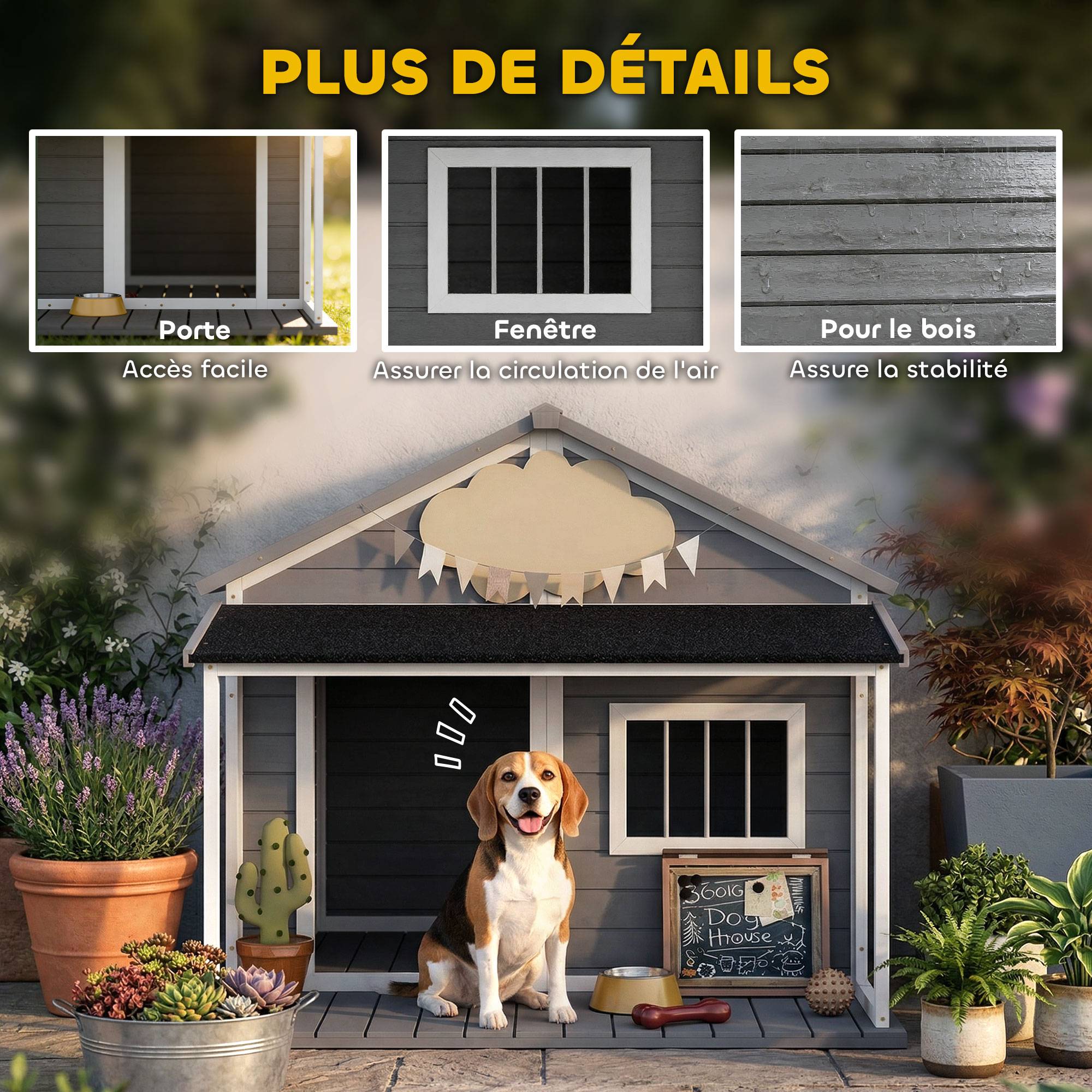 Niche pour Chien Extérieur avec Terrasse et Toit Bitumé Bois 124 x 112 x 105 cm Gris - Image 8