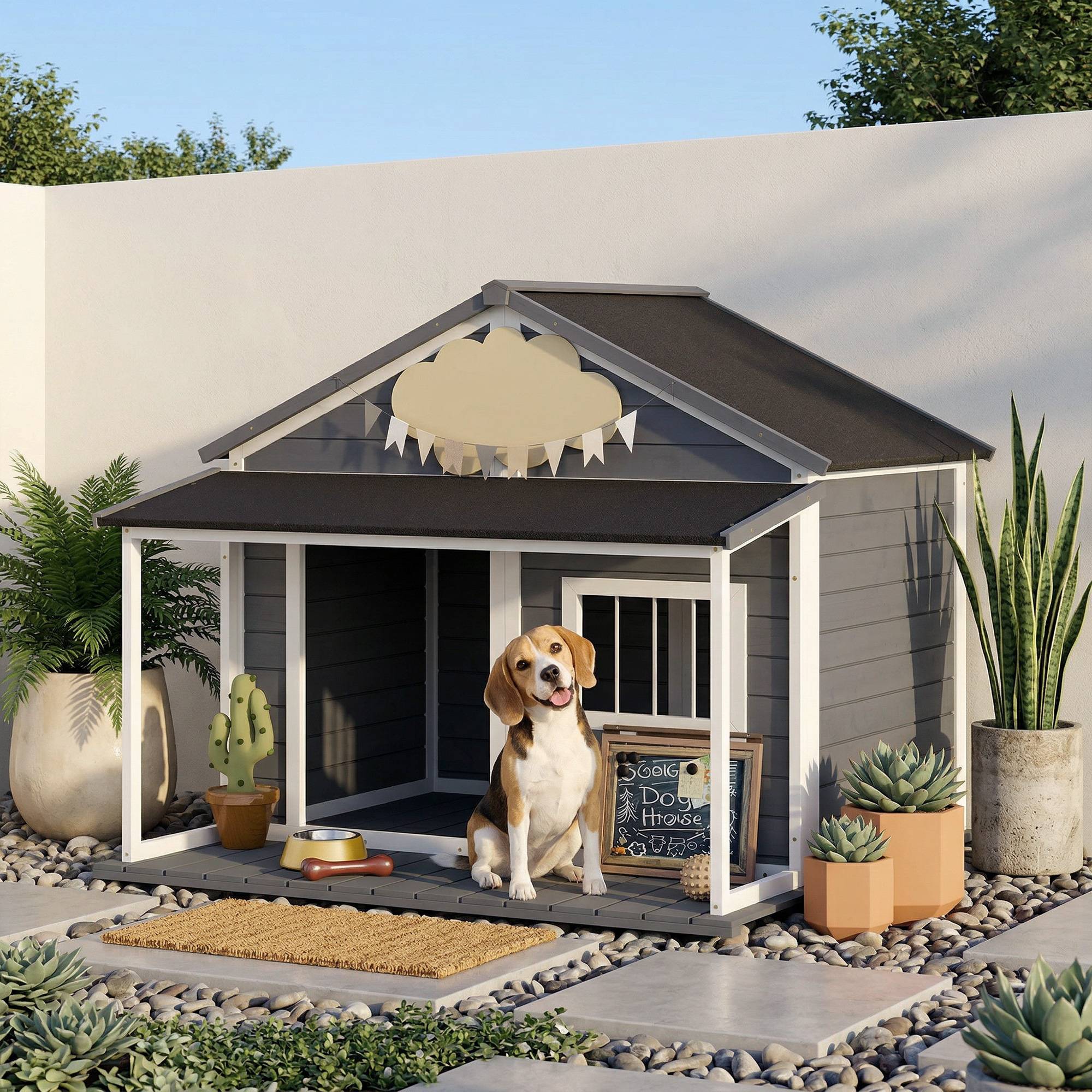 Niche pour Chien Extérieur avec Terrasse et Toit Bitumé Bois 124 x 112 x 105 cm Gris - Image 3