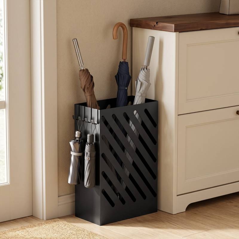 ComfortXL - Porte-parapluies acier noir 28 x 14 x 41 cm bac égouttoir 4 crochets pour entrée - ComfortXL Outdoor Living - Image 8