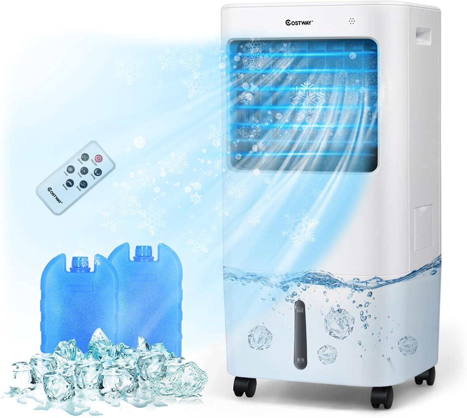 COSTWAY Rafraîchisseur d'Air Mobile 4 en 1 65W Réservoir 20L Ventilateur Humidificateur Oscillation 40° 3 Modes 4 Vitesses Minuterie 7,5H, 2 Glacières - Image 1