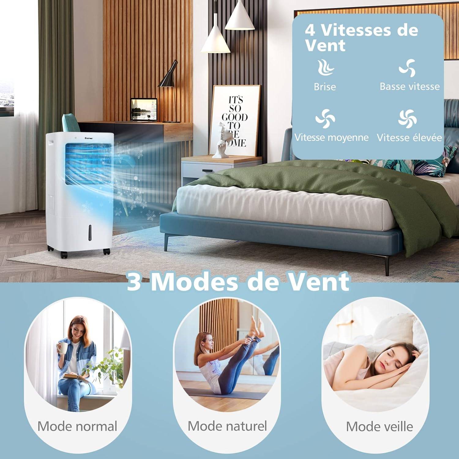 COSTWAY Rafraîchisseur d'Air Mobile 4 en 1 65W Réservoir 20L Ventilateur Humidificateur Oscillation 40° 3 Modes 4 Vitesses Minuterie 7,5H, 2 Glacières - Image 5