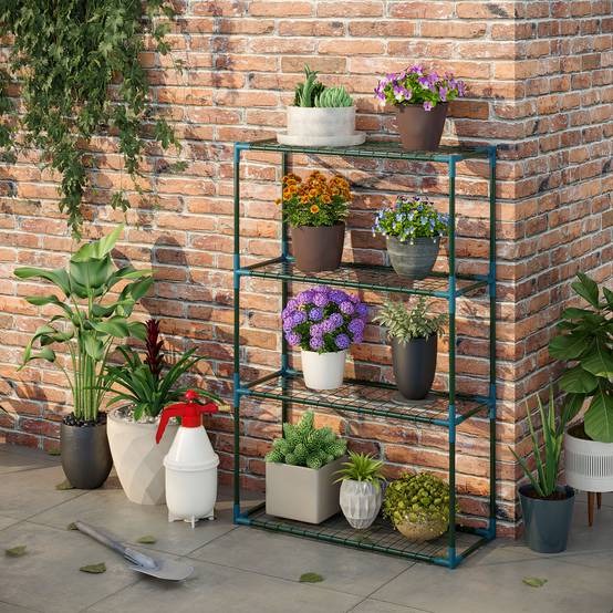Lot 2 étagères à plantes métal pour balcon intérieur 4 niveaux modulables 70x27x110cm vert - ComfortXL Outdoor Living - Image 9