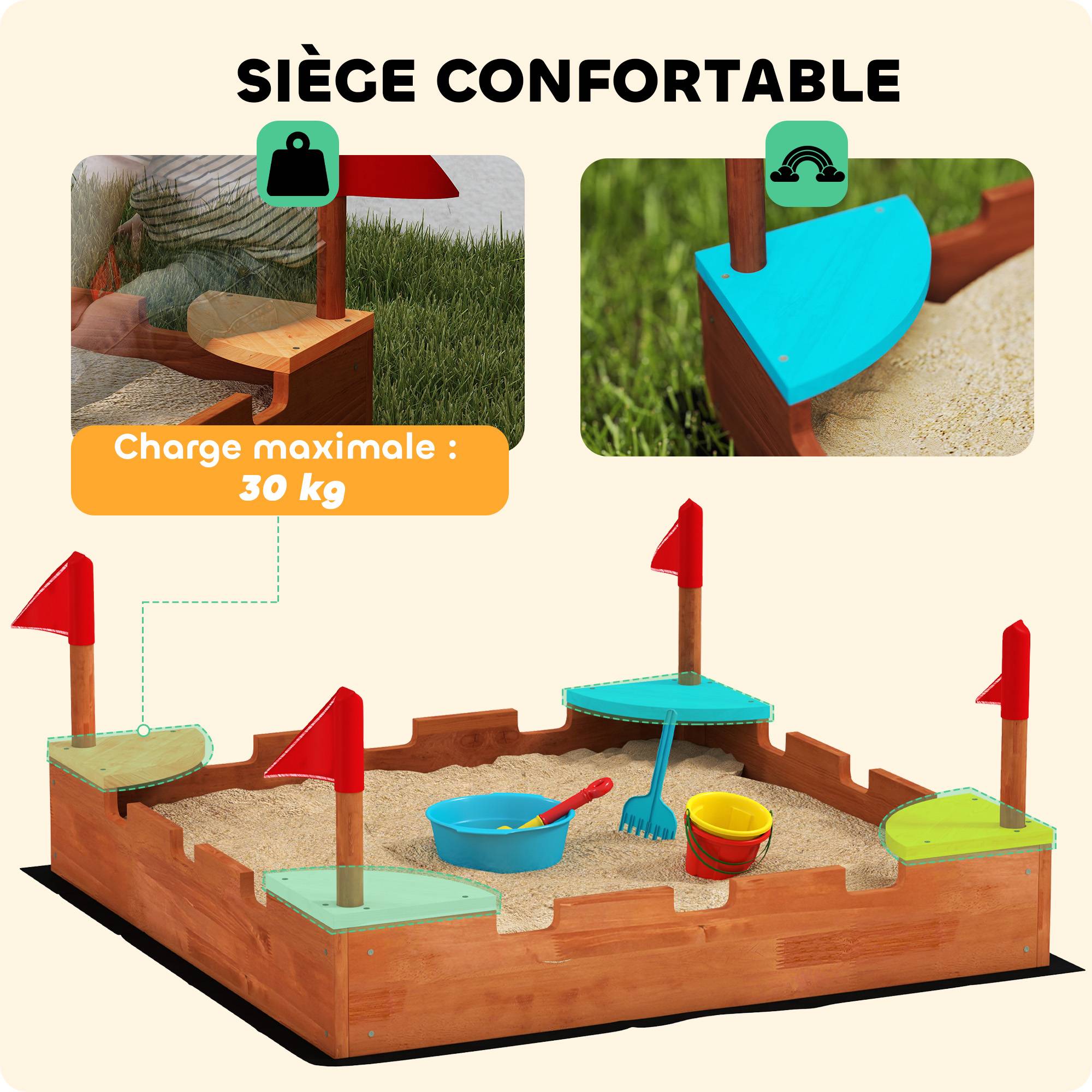 Bac à sable en bois pour enfants 3-7 ans avec sièges, drapeaux, sans fond, thème de la muraille, 90 x 90 x 17 cm, marron - Image 8