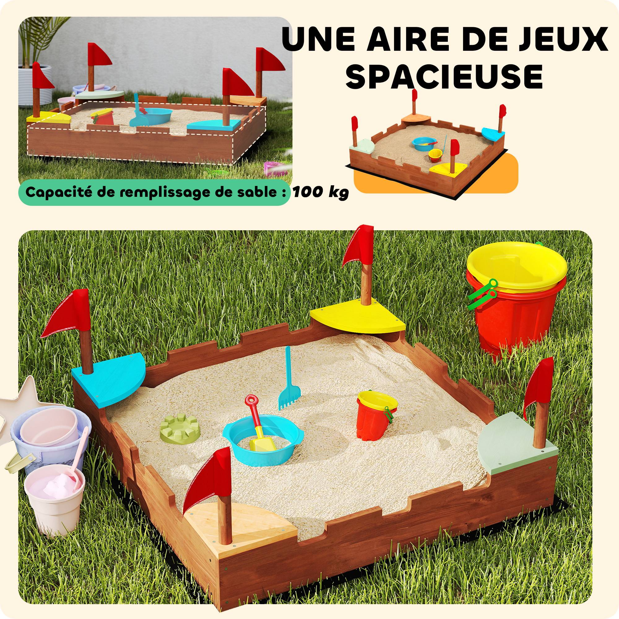 Bac à sable en bois pour enfants 3-7 ans avec sièges, drapeaux, sans fond, thème de la muraille, 90 x 90 x 17 cm, marron - Image 7