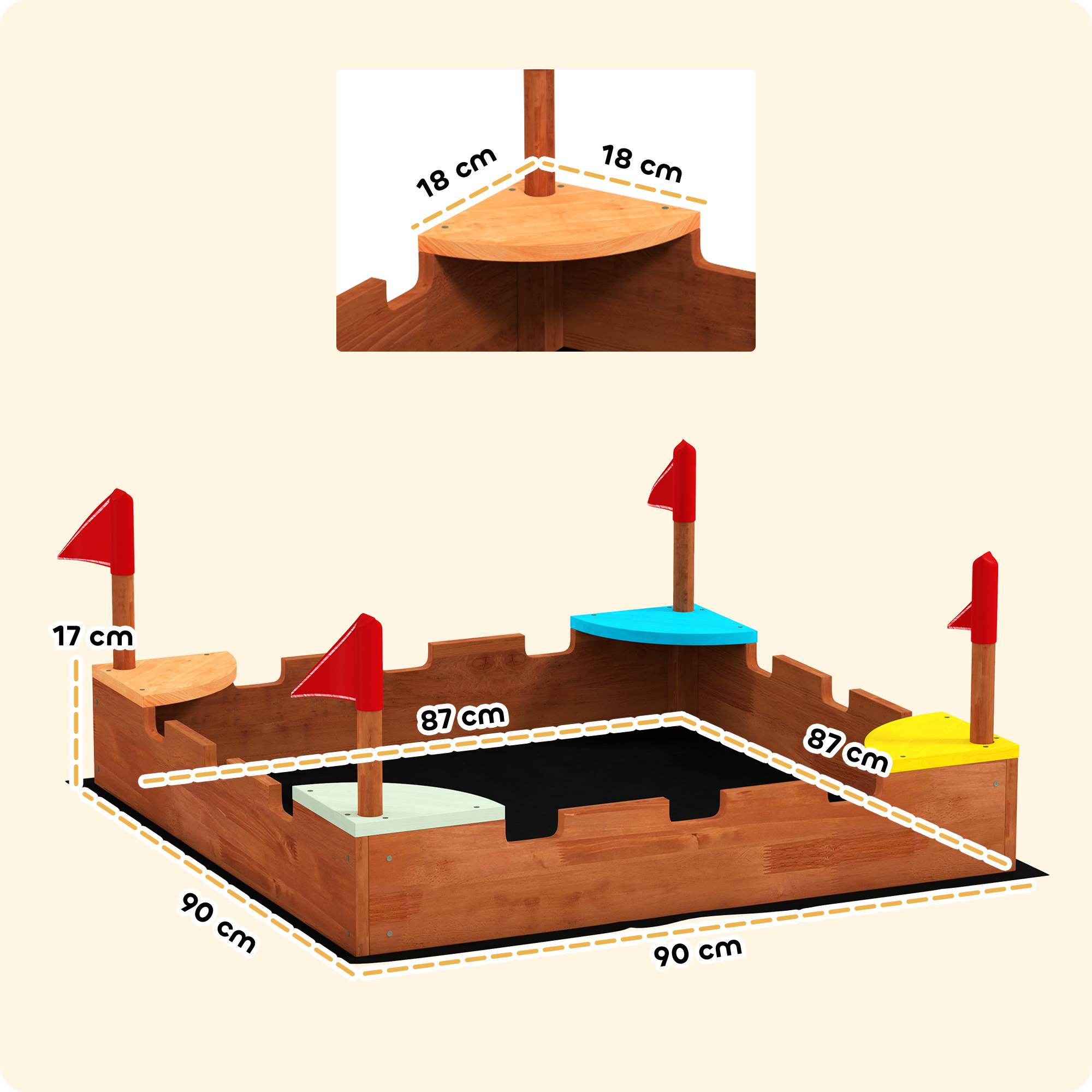 Bac à sable en bois pour enfants 3-7 ans avec sièges, drapeaux, sans fond, thème de la muraille, 90 x 90 x 17 cm, marron - Image 5