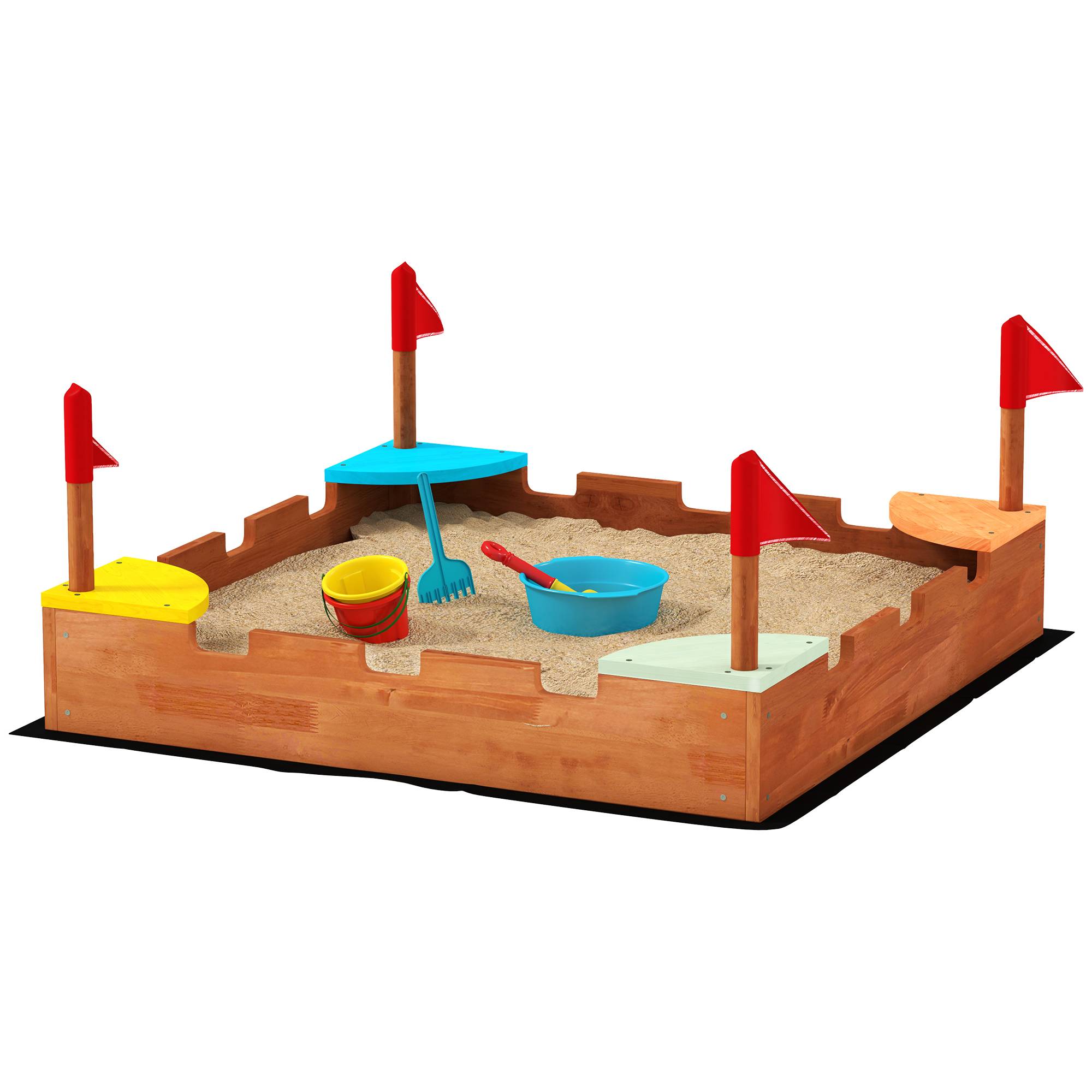 Bac à sable en bois pour enfants 3-7 ans avec sièges, drapeaux, sans fond, thème de la muraille, 90 x 90 x 17 cm, marron - Image 2