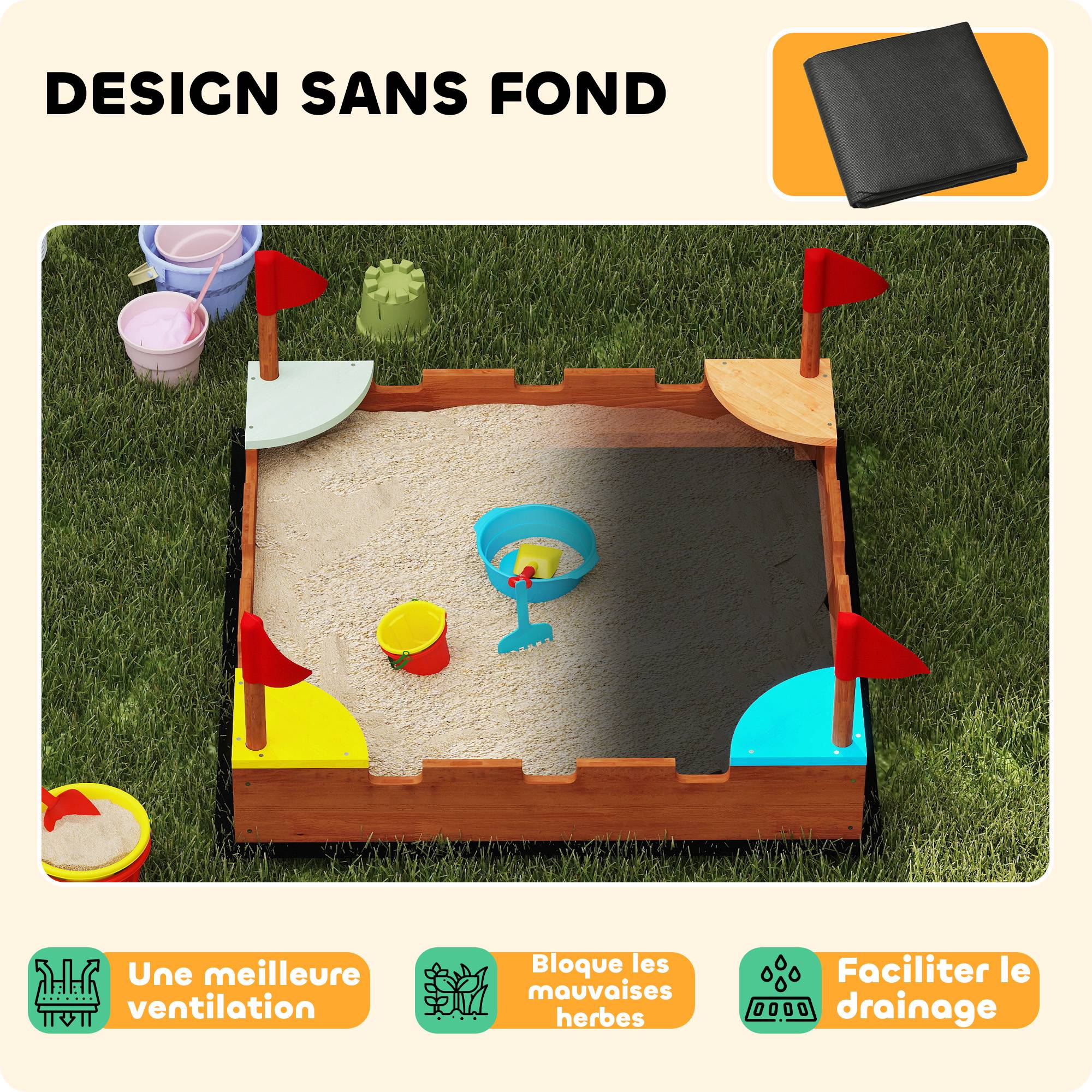 Bac à sable en bois pour enfants 3-7 ans avec sièges, drapeaux, sans fond, thème de la muraille, 90 x 90 x 17 cm, marron - Image 9