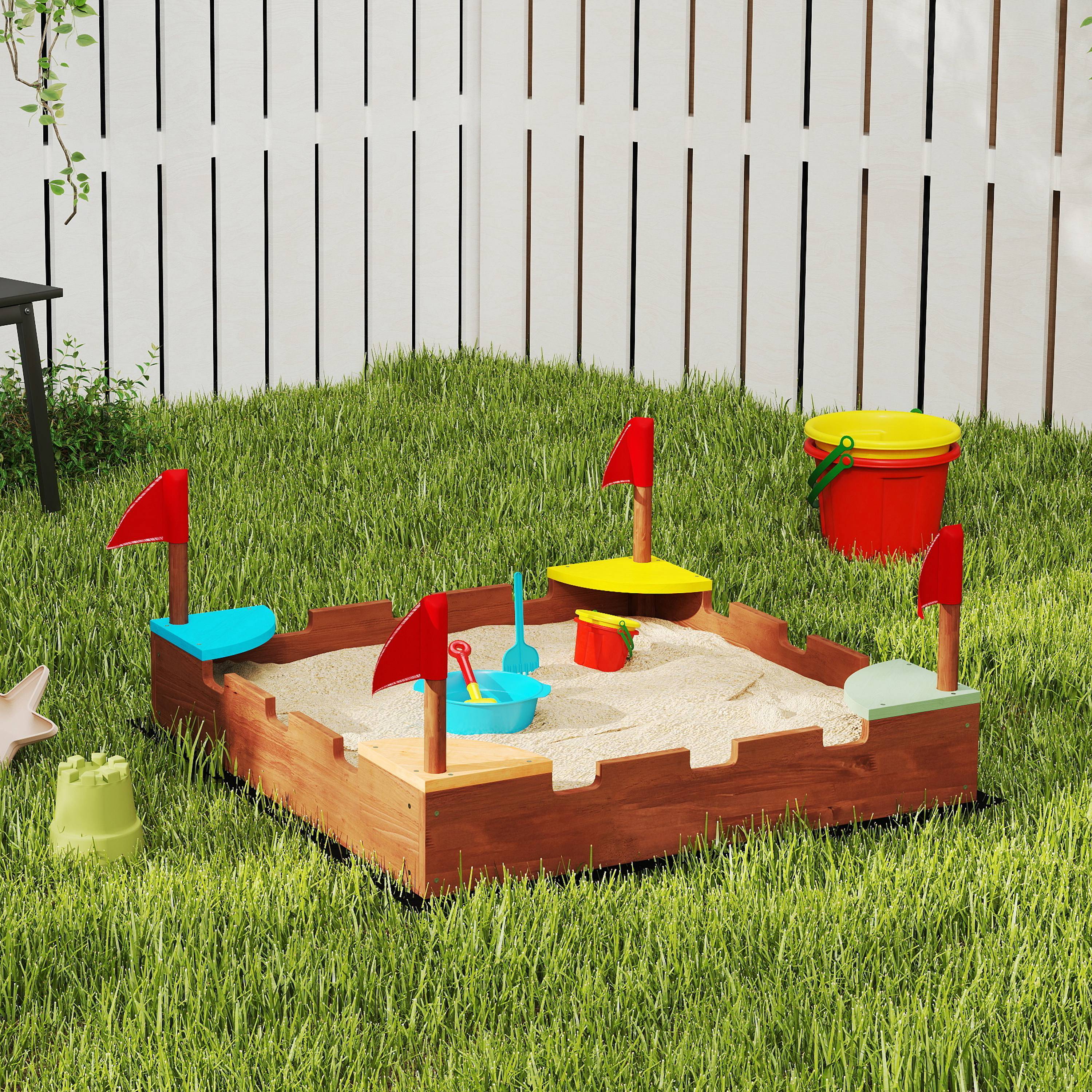 Bac à sable en bois pour enfants 3-7 ans avec sièges, drapeaux, sans fond, thème de la muraille, 90 x 90 x 17 cm, marron - Image 4