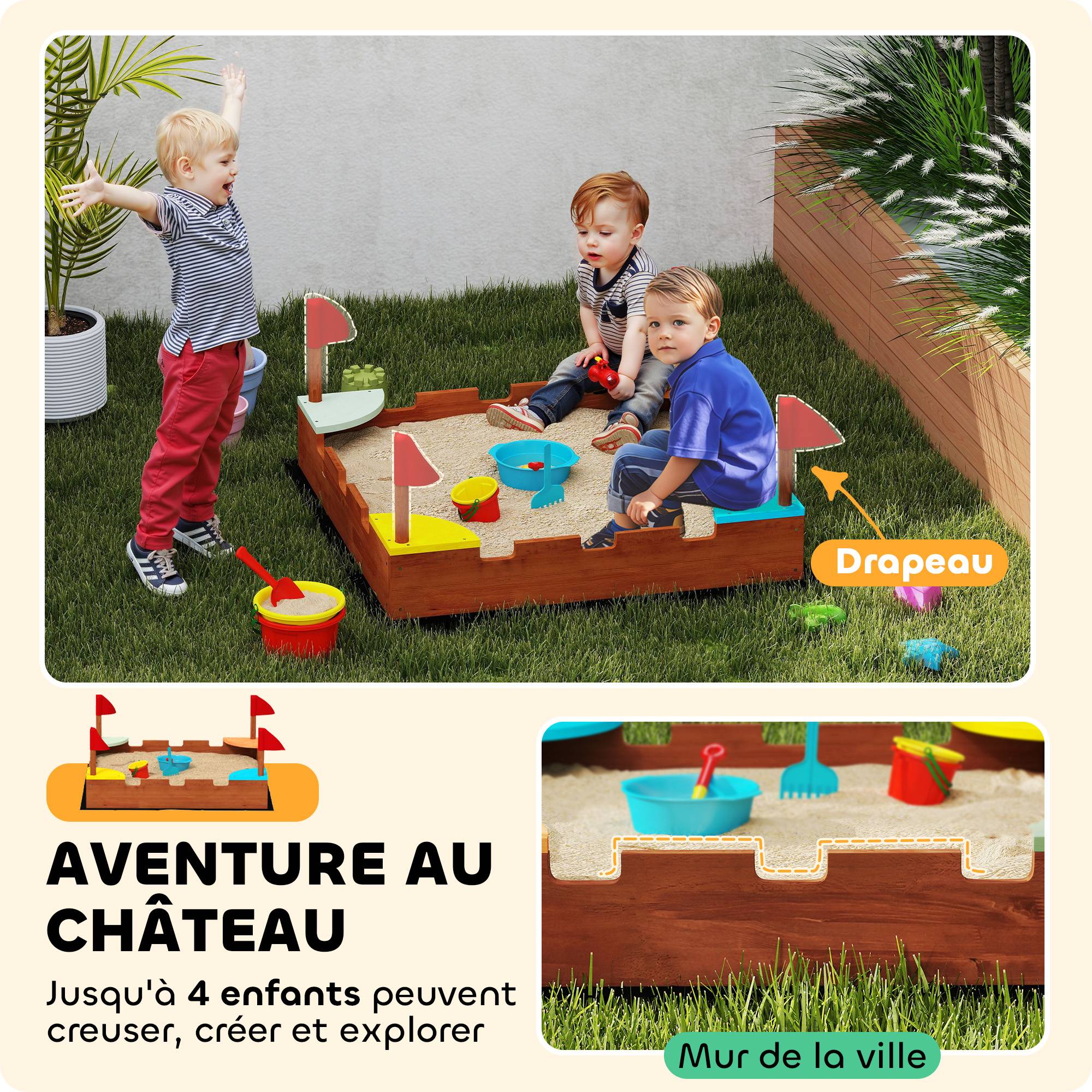 Bac à sable en bois pour enfants 3-7 ans avec sièges, drapeaux, sans fond, thème de la muraille, 90 x 90 x 17 cm, marron - Image 6