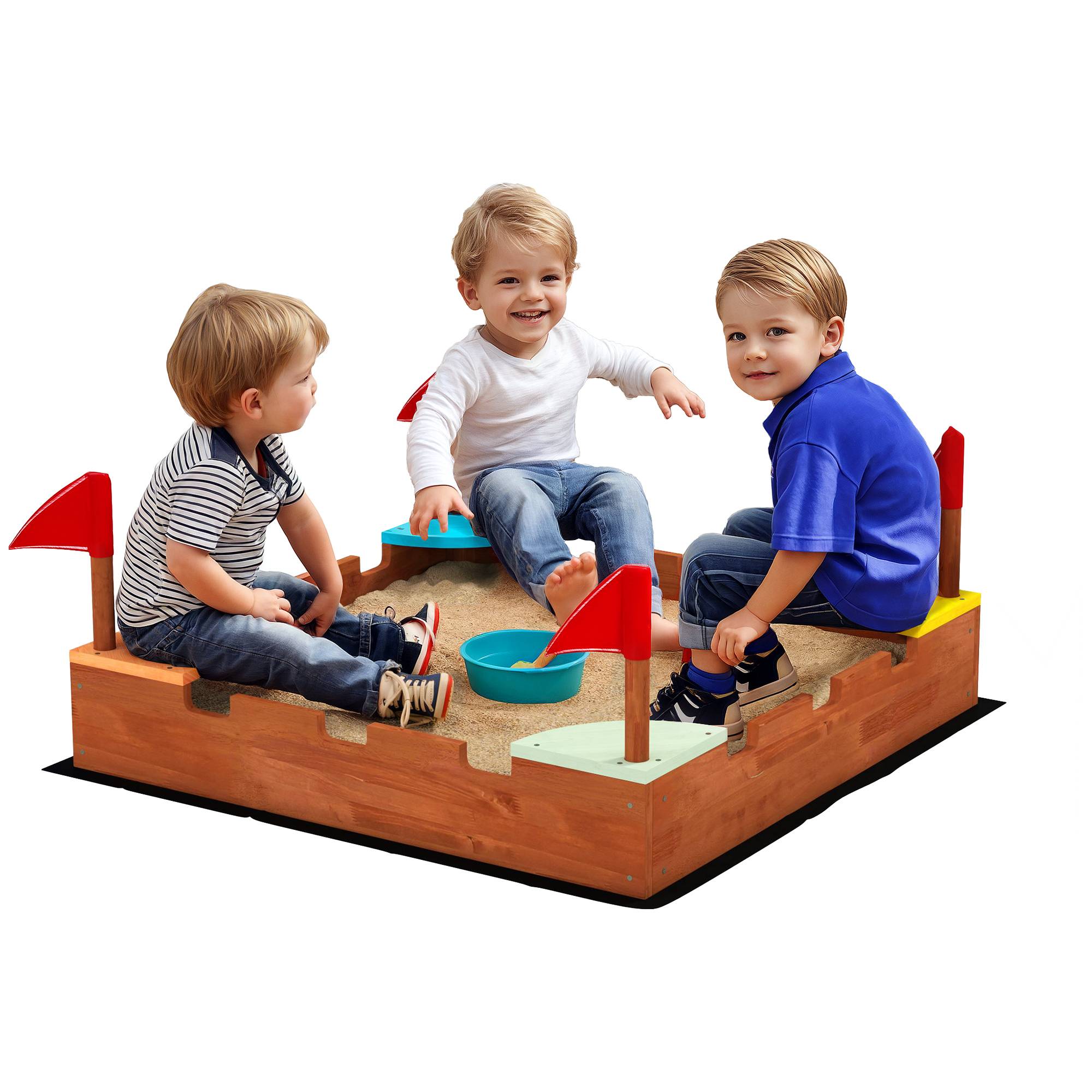 Bac à sable en bois pour enfants 3-7 ans avec sièges, drapeaux, sans fond, thème de la muraille, 90 x 90 x 17 cm, marron