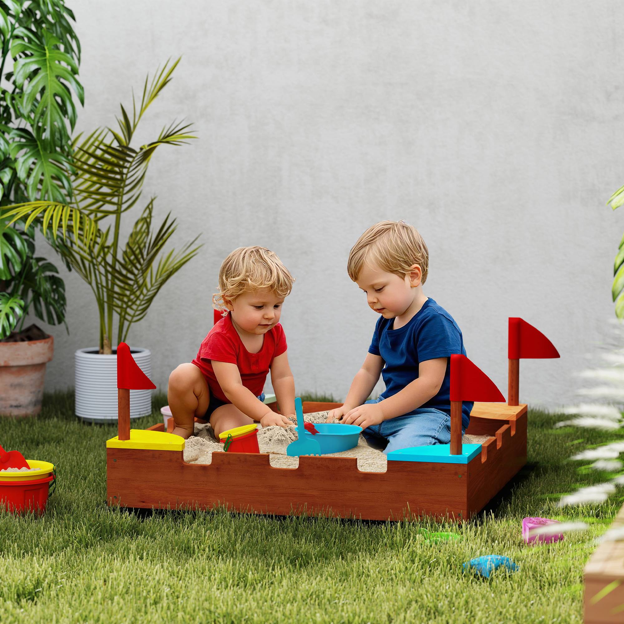 Bac à sable en bois pour enfants 3-7 ans avec sièges, drapeaux, sans fond, thème de la muraille, 90 x 90 x 17 cm, marron - Image 3