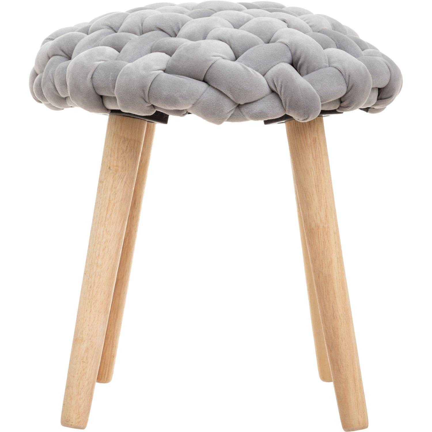 Tabouret pied en Bois et Assise Tricot Velours Gris - Image 2