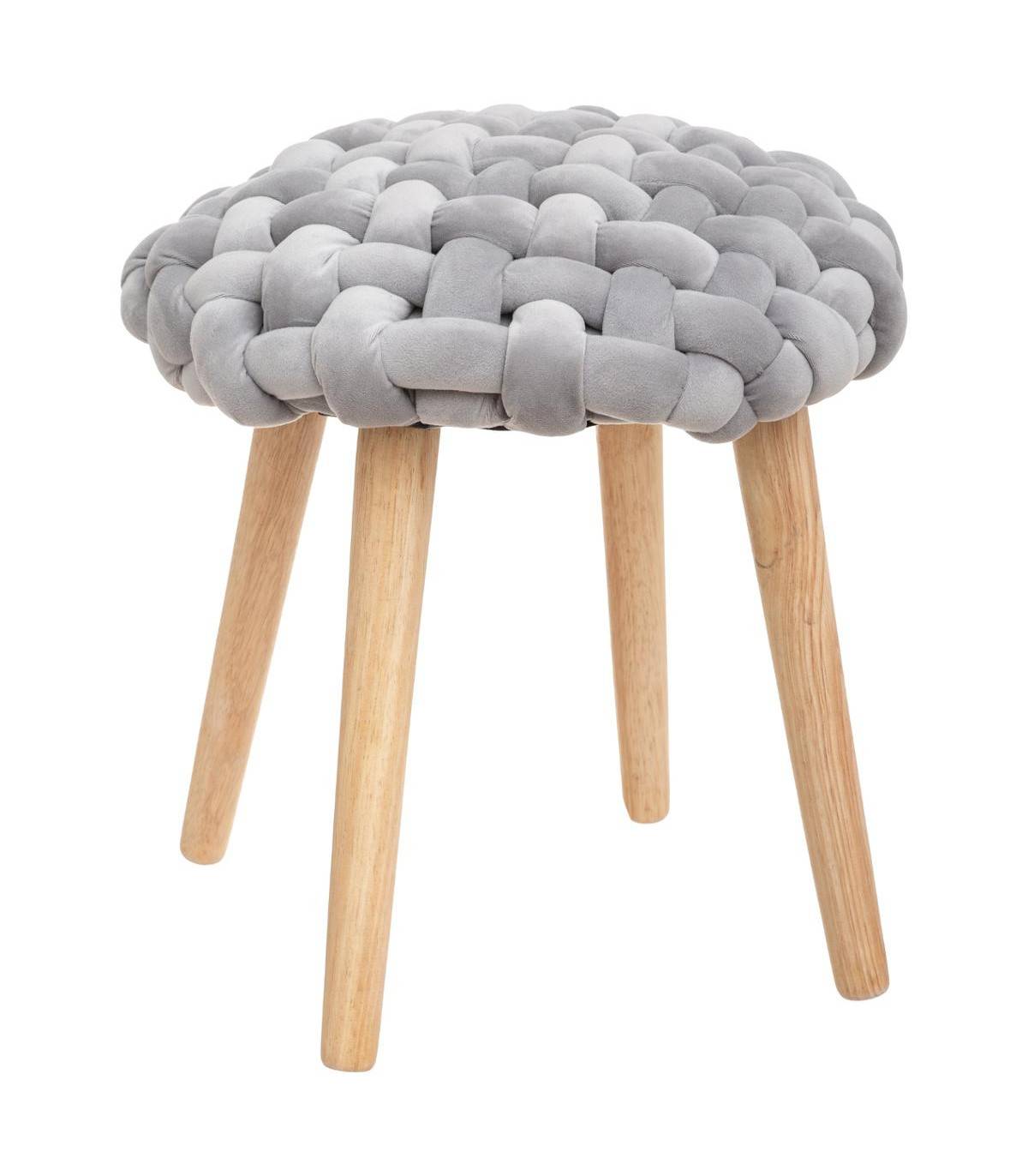 Tabouret pied en Bois et Assise Tricot Velours Gris - Image 1