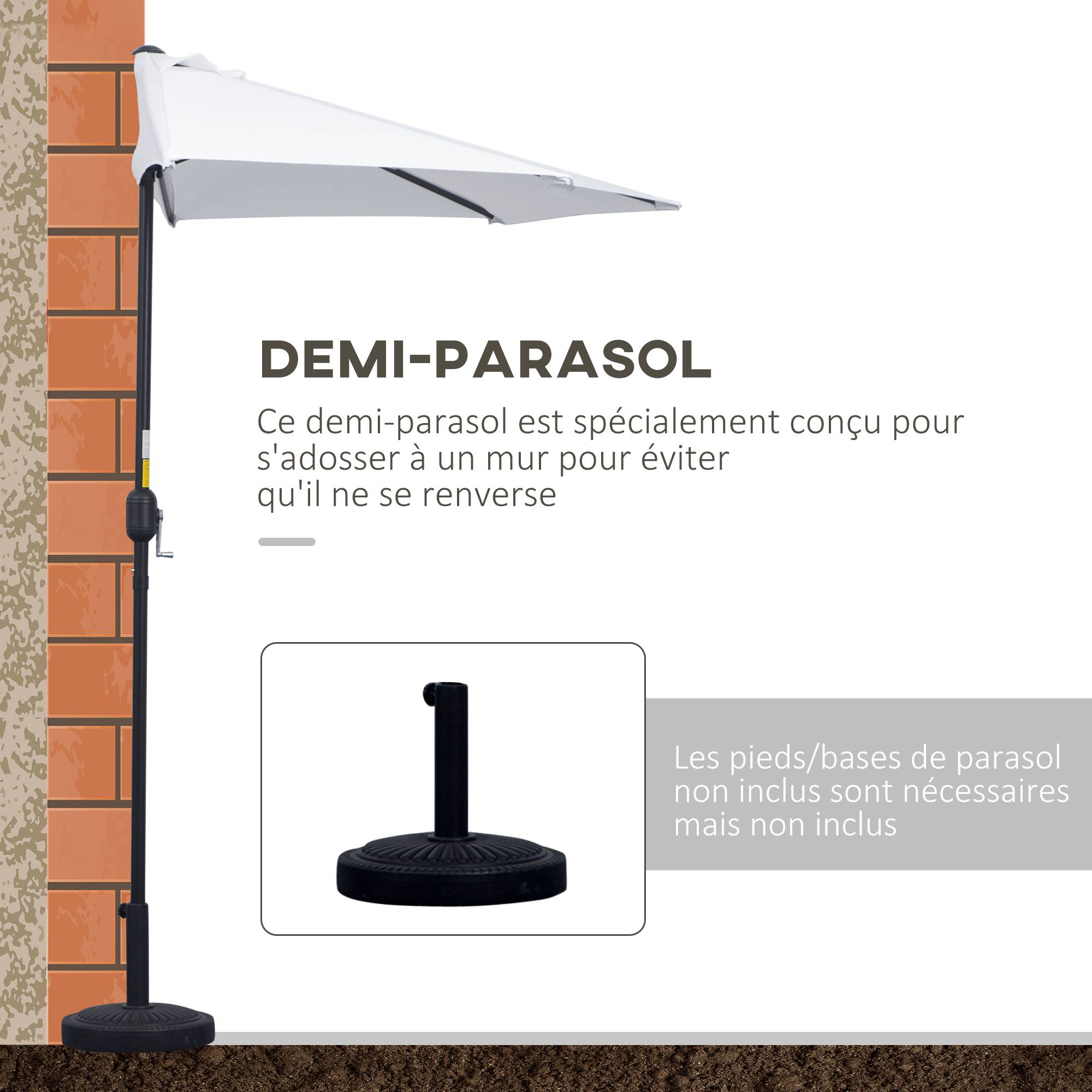 Demi-Parasol Ø 2,6 m, parasol de balcon 5 entretoises acier polyester crème fr128 - Image 6
