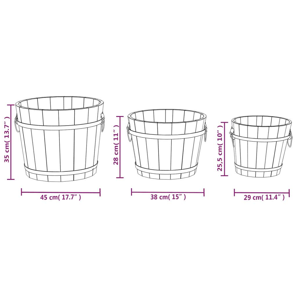 Helloshop26 - Lot de 3 jardinières en forme de godet bois massif sapin avec poignée métal pour plantes et fleurs en bois brûlé - Image 5