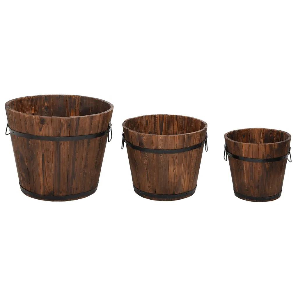 Helloshop26 - Lot de 3 jardinières en forme de godet bois massif sapin avec poignée métal pour plantes et fleurs en bois brûlé - Image 1