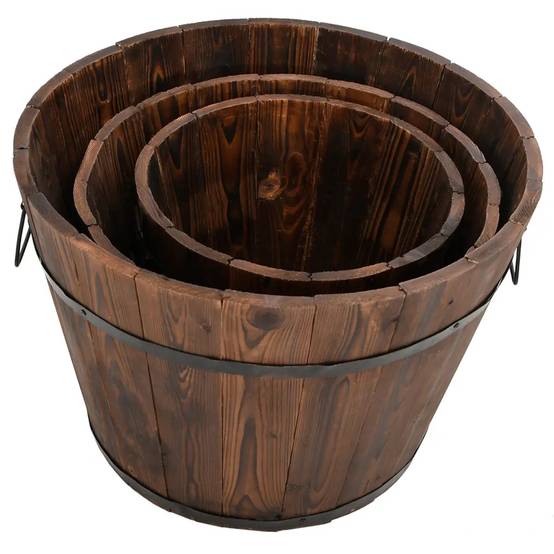 Helloshop26 - Lot de 3 jardinières en forme de godet bois massif sapin avec poignée métal pour plantes et fleurs en bois brûlé - Image 2