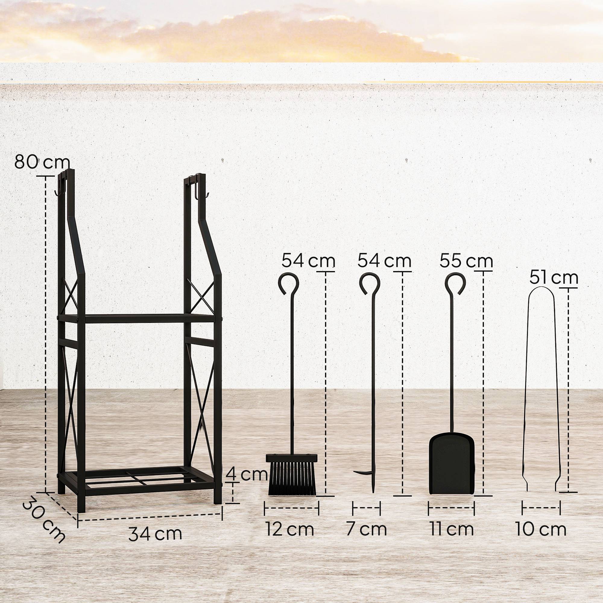 Range-bûches en métal, support à bûches à 2 niveaux avec 4 crochets porte-outils, 34 x 30 x 80 cm, noir - Image 5