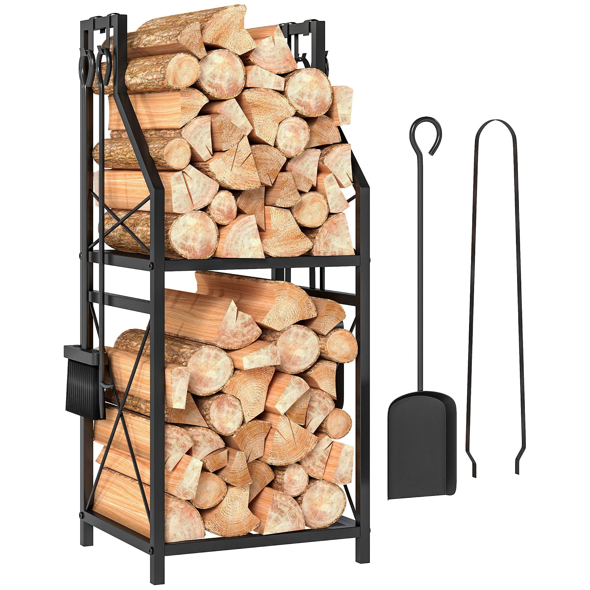 Range-bûches en métal, support à bûches à 2 niveaux avec 4 crochets porte-outils, 34 x 30 x 80 cm, noir - Image 1