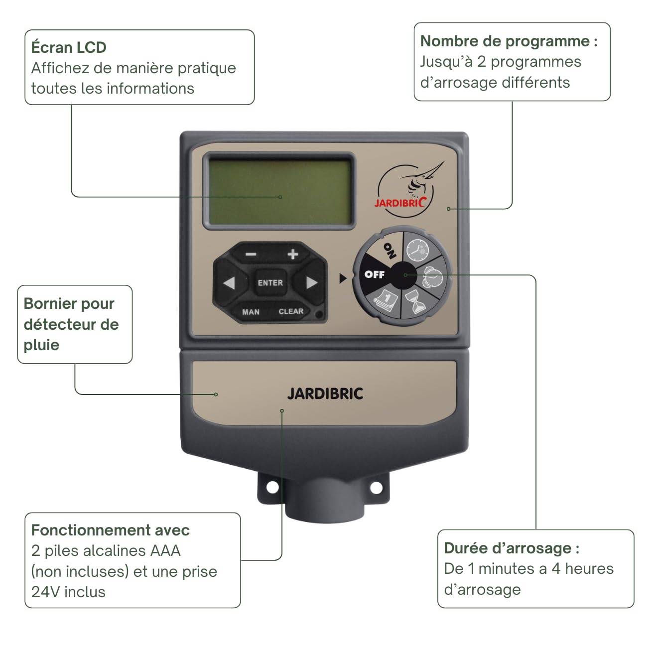 Jardibric - Jardibric - Programmateur Arrosage 9V 4 Voies - 2 Programmes Indépendants Multi-Zones Électrovanne - Image 5