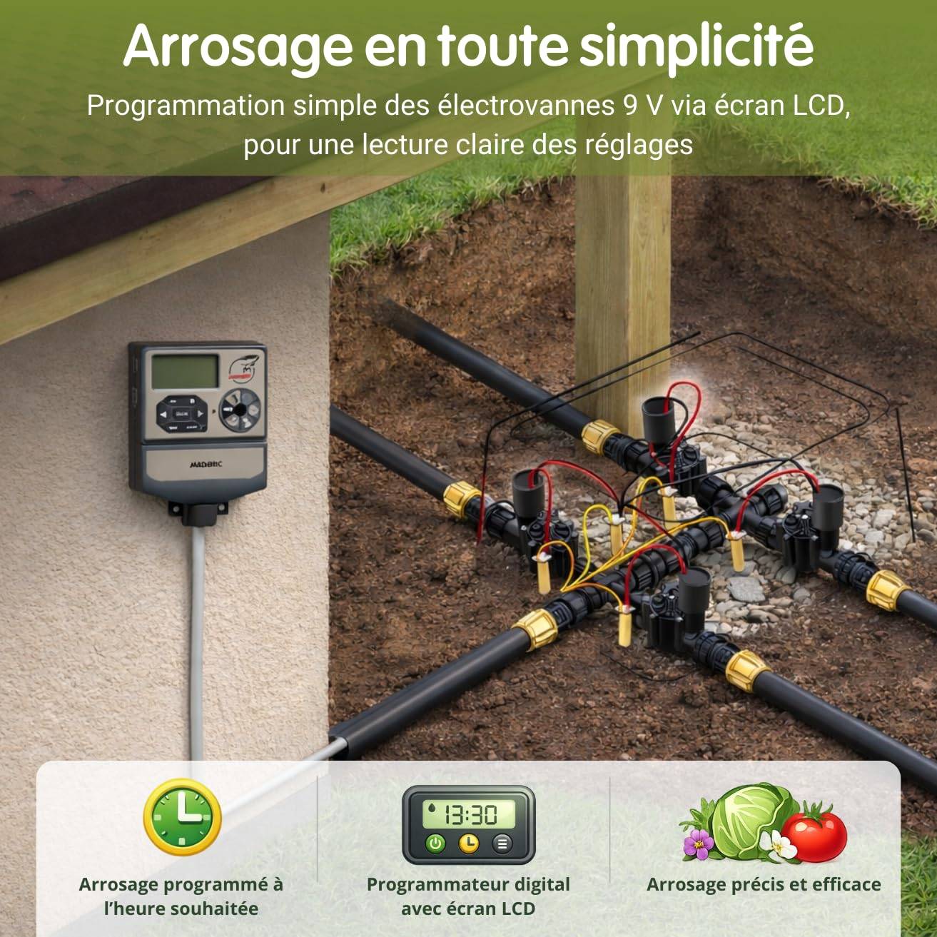 Jardibric - Jardibric - Programmateur Arrosage 9V 4 Voies - 2 Programmes Indépendants Multi-Zones Électrovanne - Image 3