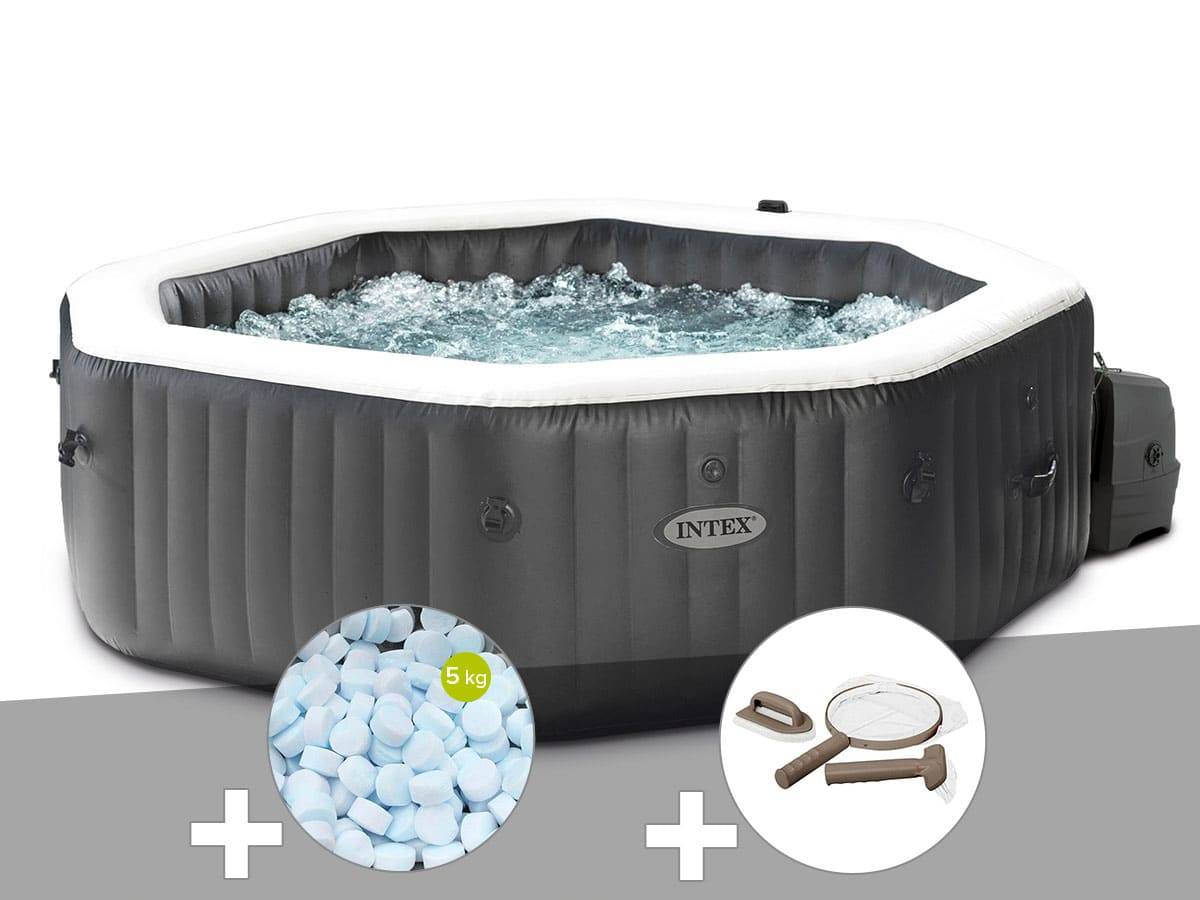 Kit spa gonflable Intex PureSpa Carbone octogonal Bulles et Jets 4 places + 5 kg de sel + Kit d'entretien - Image 1