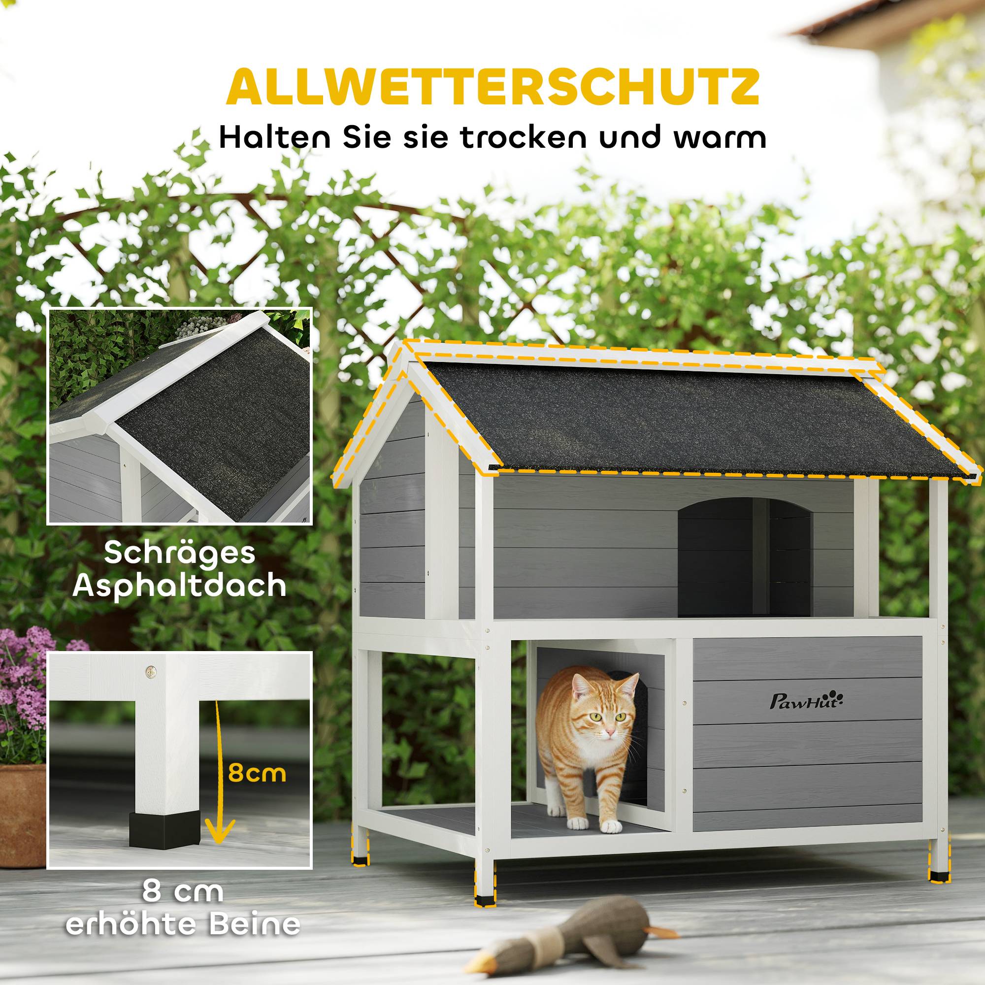 Sans Marque - Niche d'extérieur pour chat, abri pour chat d'extérieur, imperméable, toit à charnières, bois d'épicéa, 80 x 93 x 95 cm, gris - Image 8