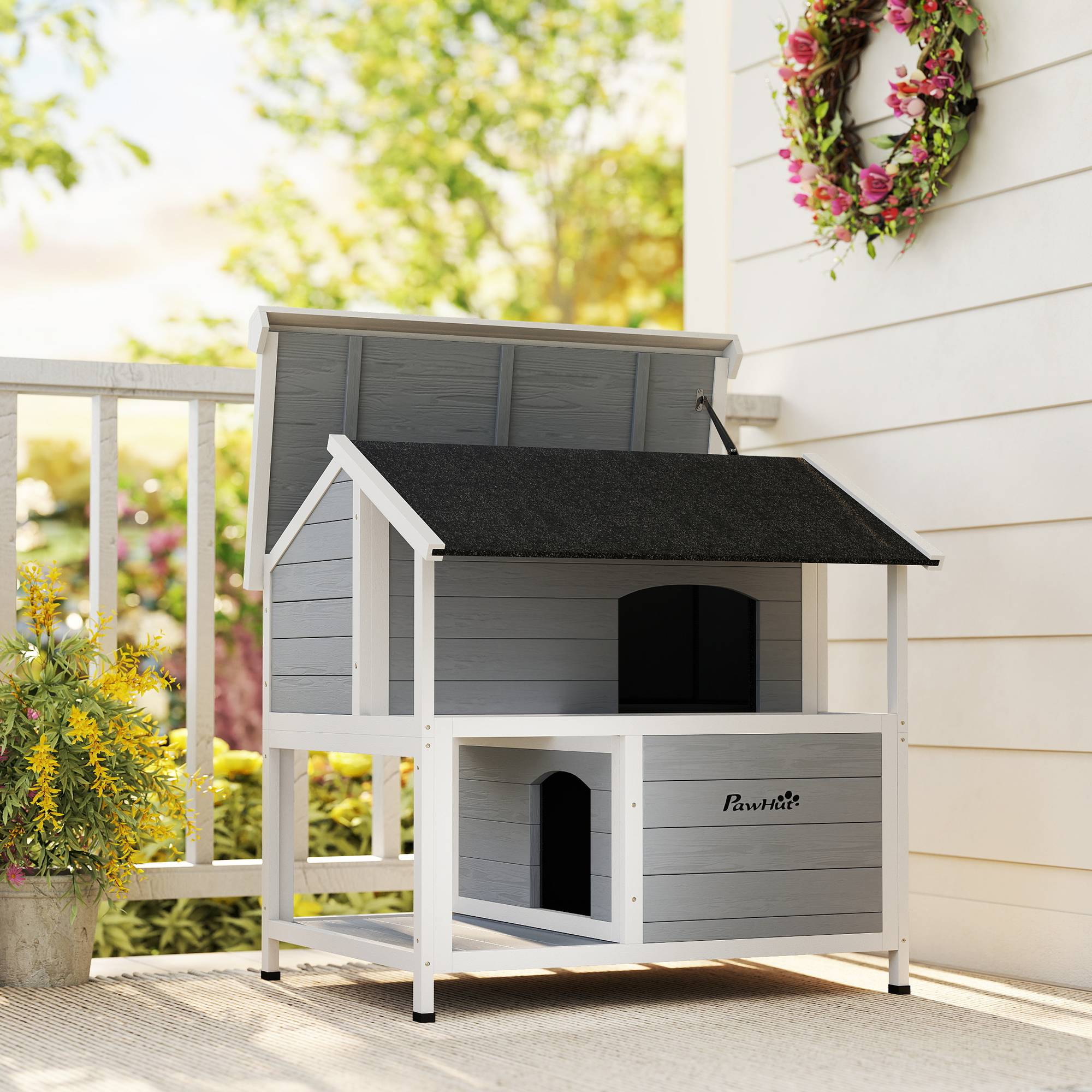 Sans Marque - Niche d'extérieur pour chat, abri pour chat d'extérieur, imperméable, toit à charnières, bois d'épicéa, 80 x 93 x 95 cm, gris - Image 10