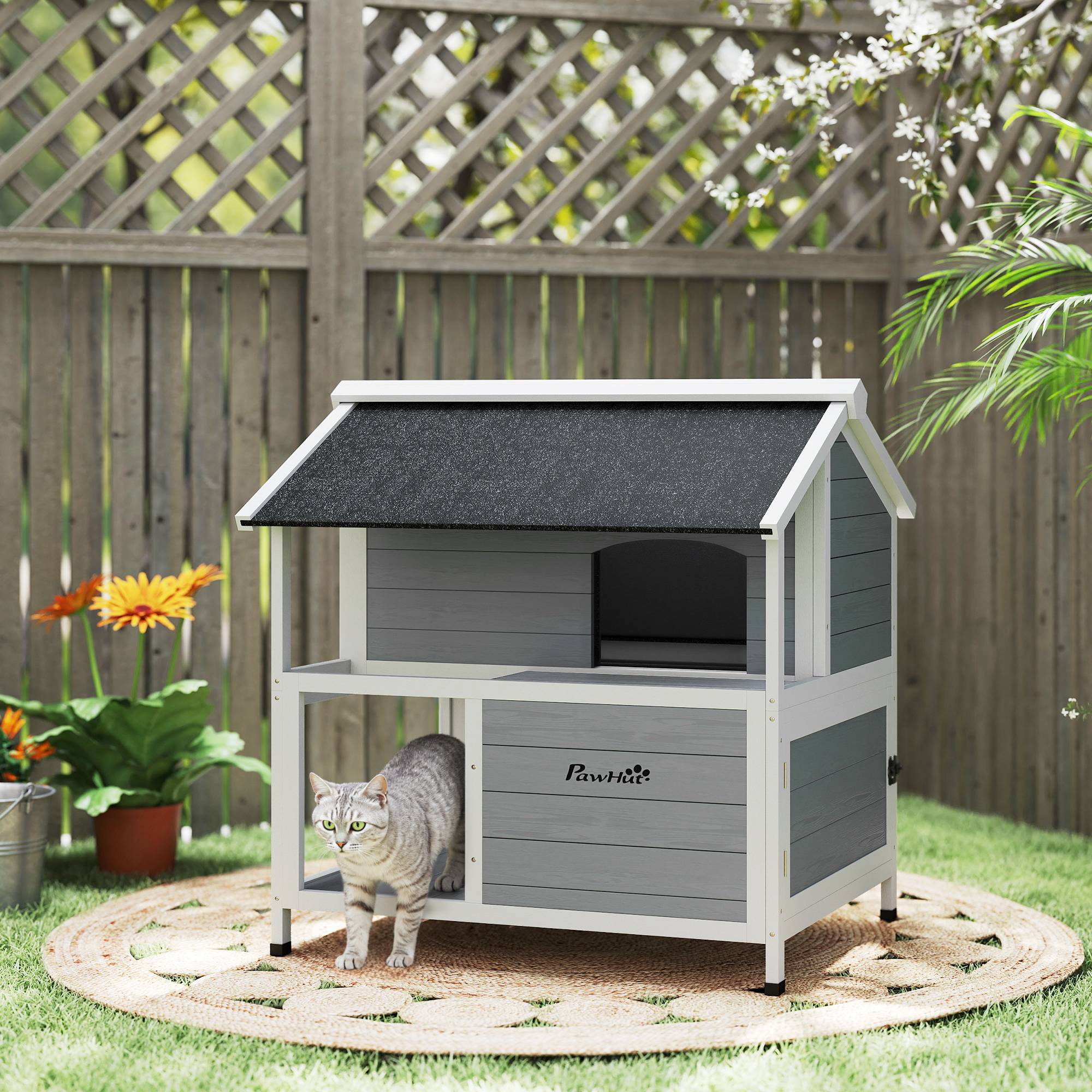 Sans Marque - Niche d'extérieur pour chat, abri pour chat d'extérieur, imperméable, toit à charnières, bois d'épicéa, 80 x 93 x 95 cm, gris - Image 4