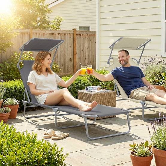 Transat Bain de Soleil Pliable Grand Confort, Dossier Inclinable Multi-Positions, Pare-Soleil Réglable, Gris - Image 4