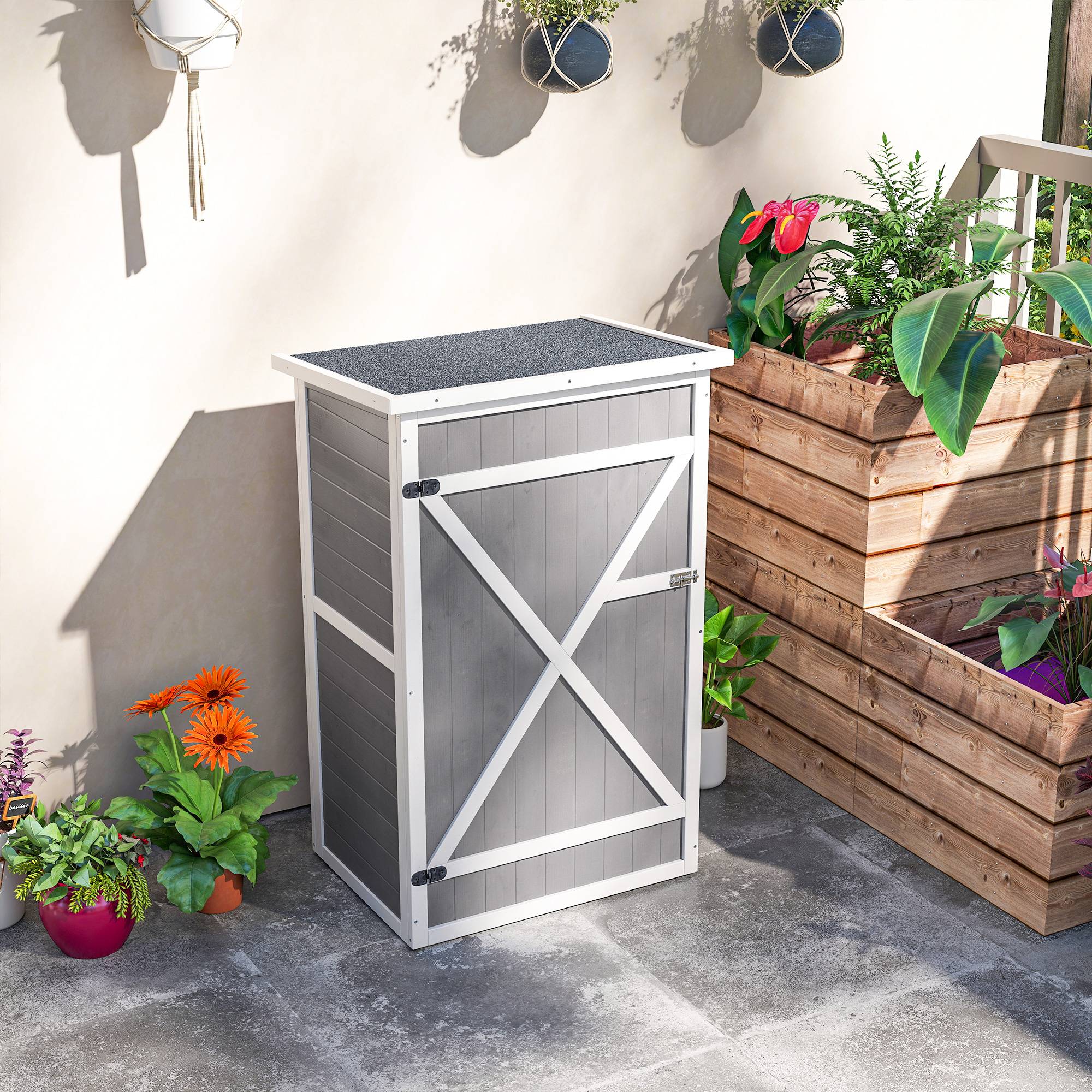 Armoire abri de Jardin Remise pour Outils Bois de Sapin pré-huilé Toit bitumé incliné - 2 étagères - dim. 75L x 56l x 115H cm - Image 9