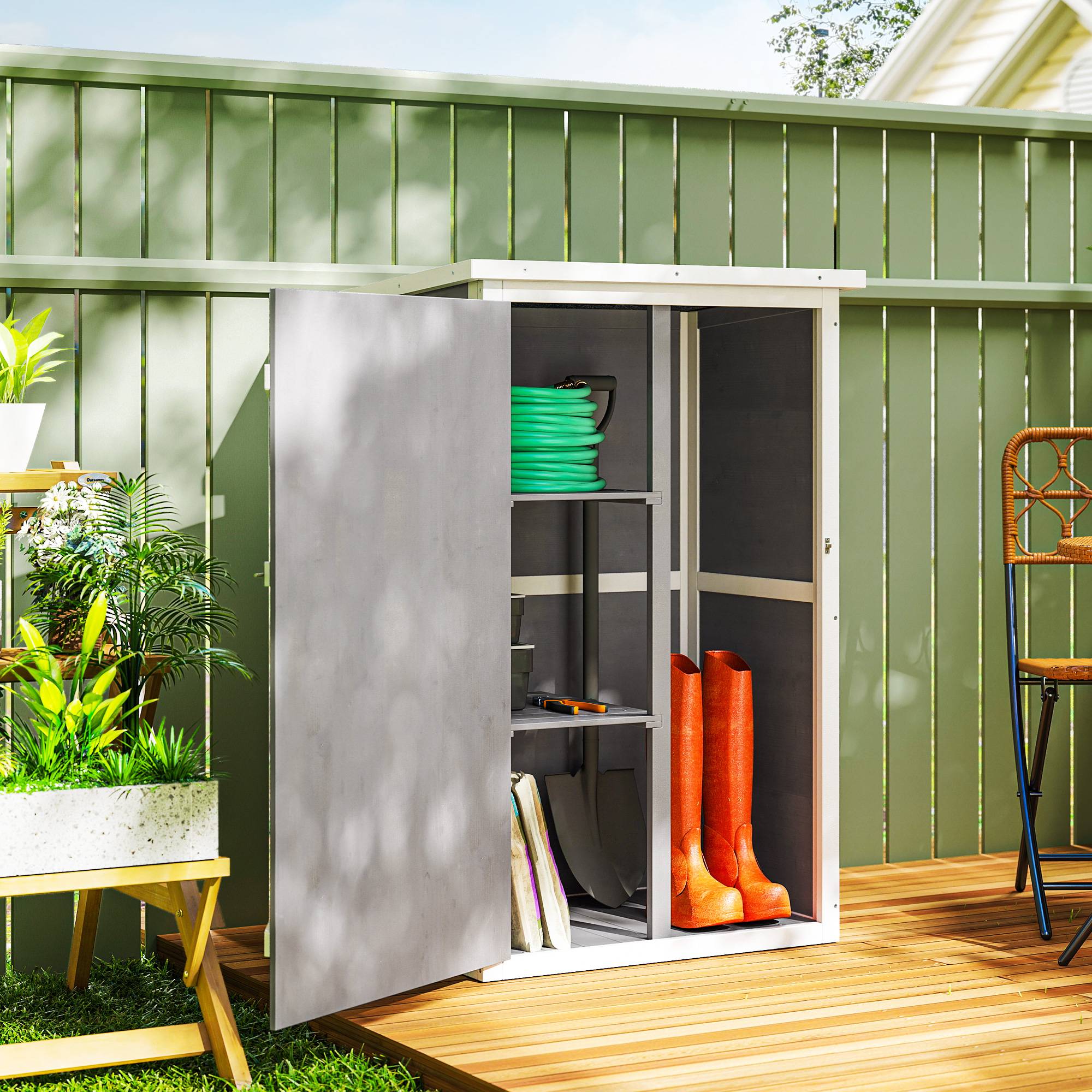 Armoire abri de Jardin Remise pour Outils Bois de Sapin pré-huilé Toit bitumé incliné - 2 étagères - dim. 75L x 56l x 115H cm - Image 3