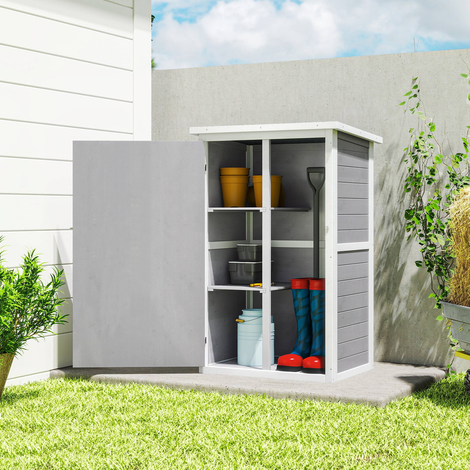 Armoire abri de Jardin Remise pour Outils Bois de Sapin pré-huilé Toit bitumé incliné - 2 étagères - dim. 75L x 56l x 115H cm - Image 4