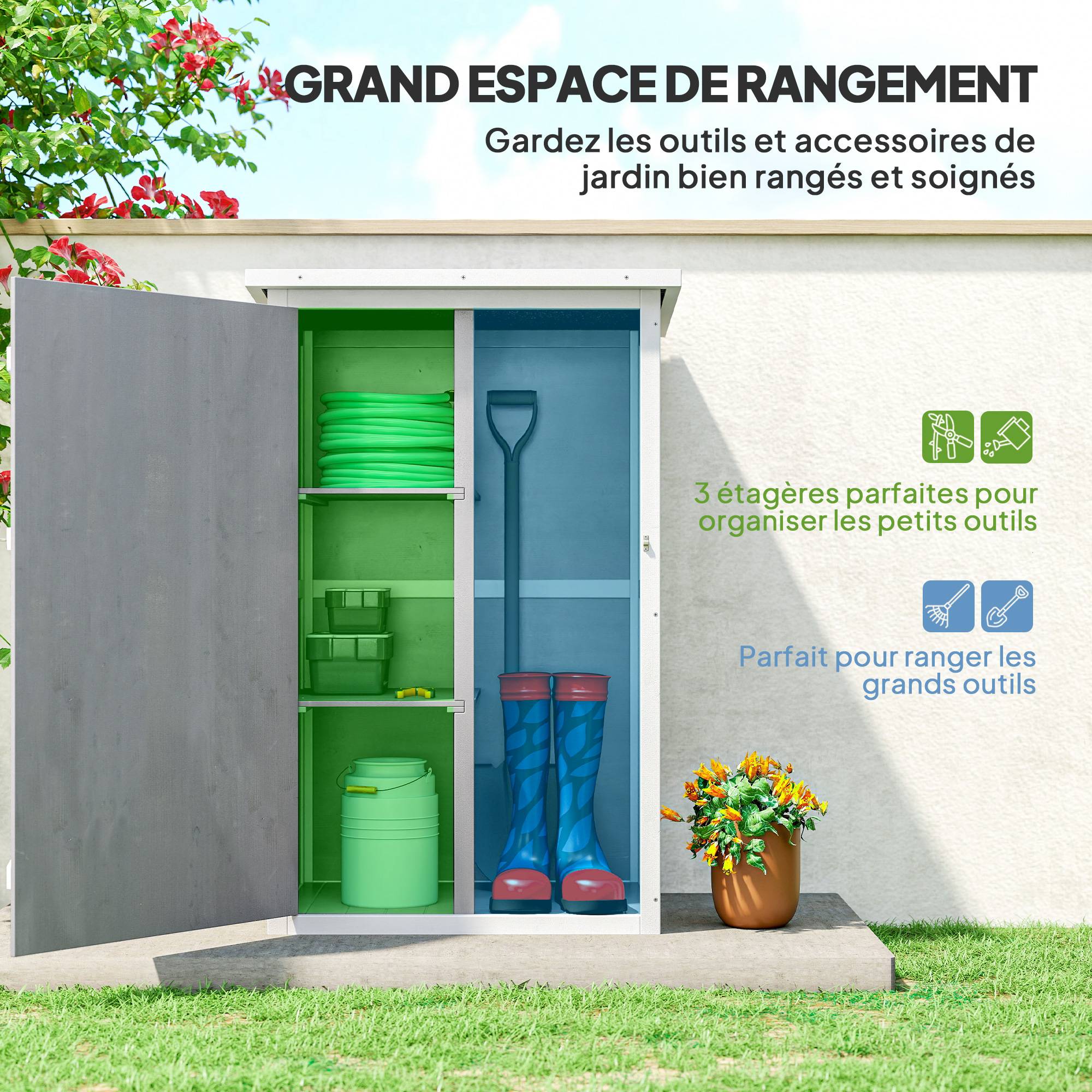Armoire abri de Jardin Remise pour Outils Bois de Sapin pré-huilé Toit bitumé incliné - 2 étagères - dim. 75L x 56l x 115H cm - Image 6