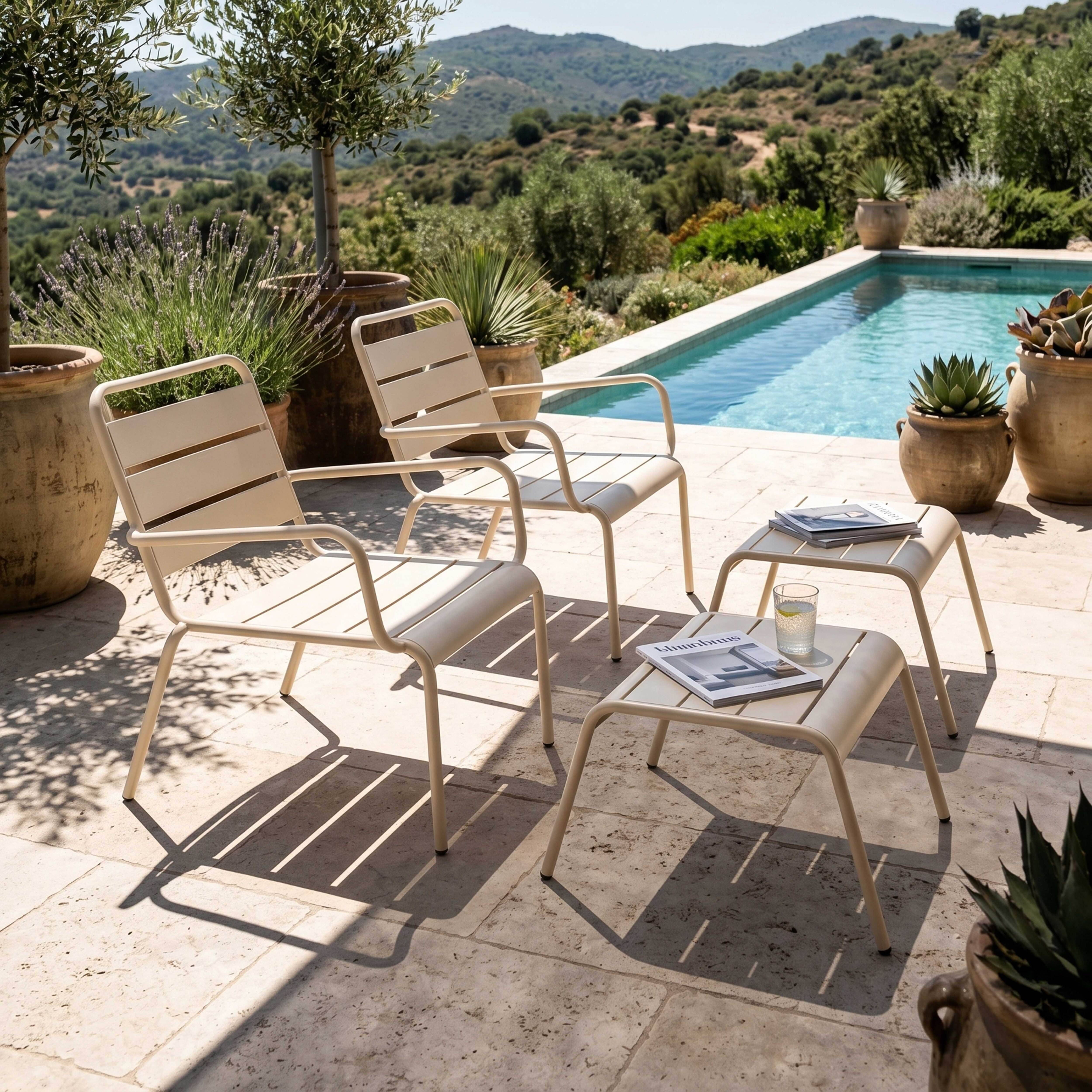 Oviala - Lot de 2 fauteuils relax avec repose-pieds en métal ivoire Palavas - Oviala - Image 2