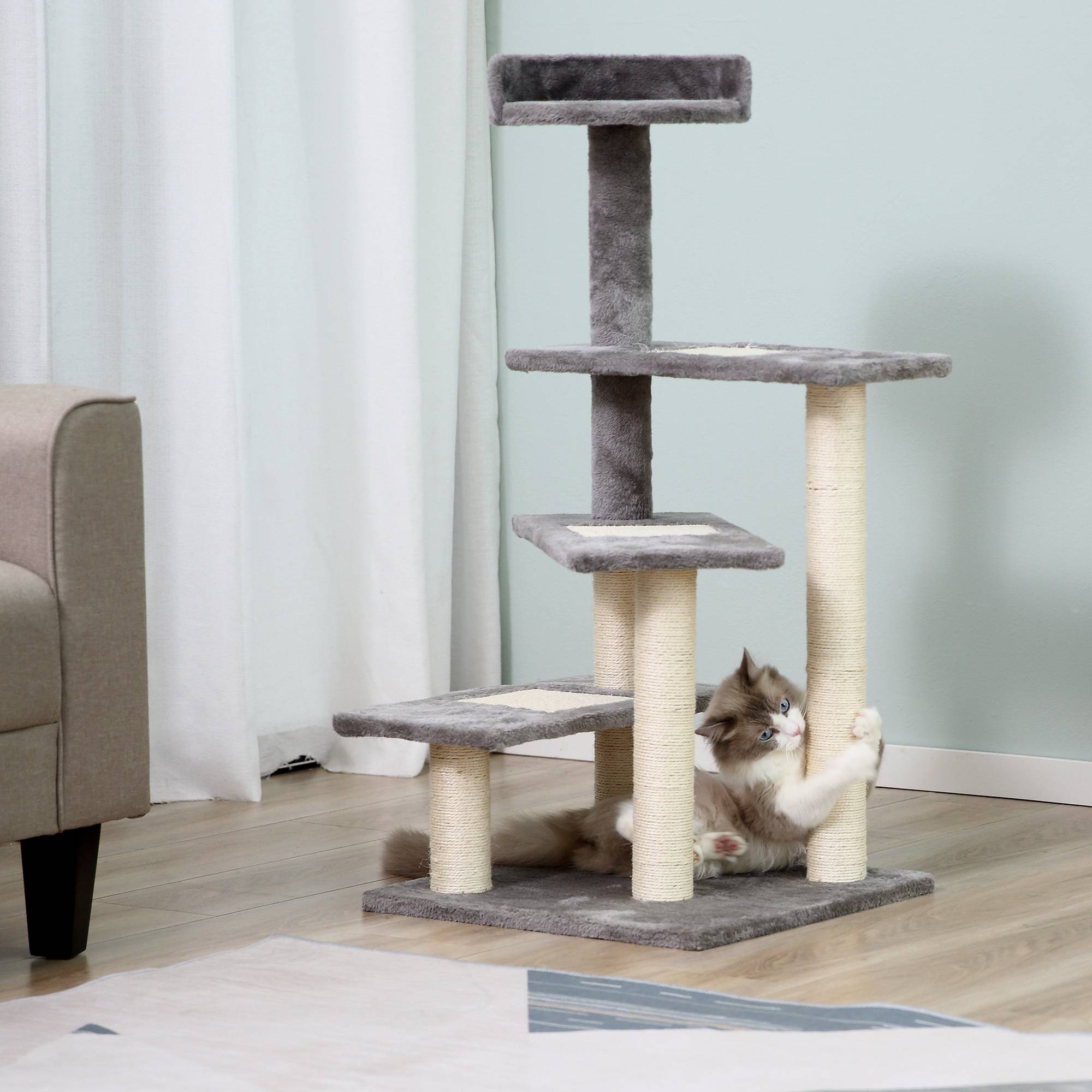 Arbre à Chat Design Spirale 100 cm avec Plateformes Griffoir en Sisal pour 3 Chats Gris Beige - ComfortXL Outdoor Living - Image 3