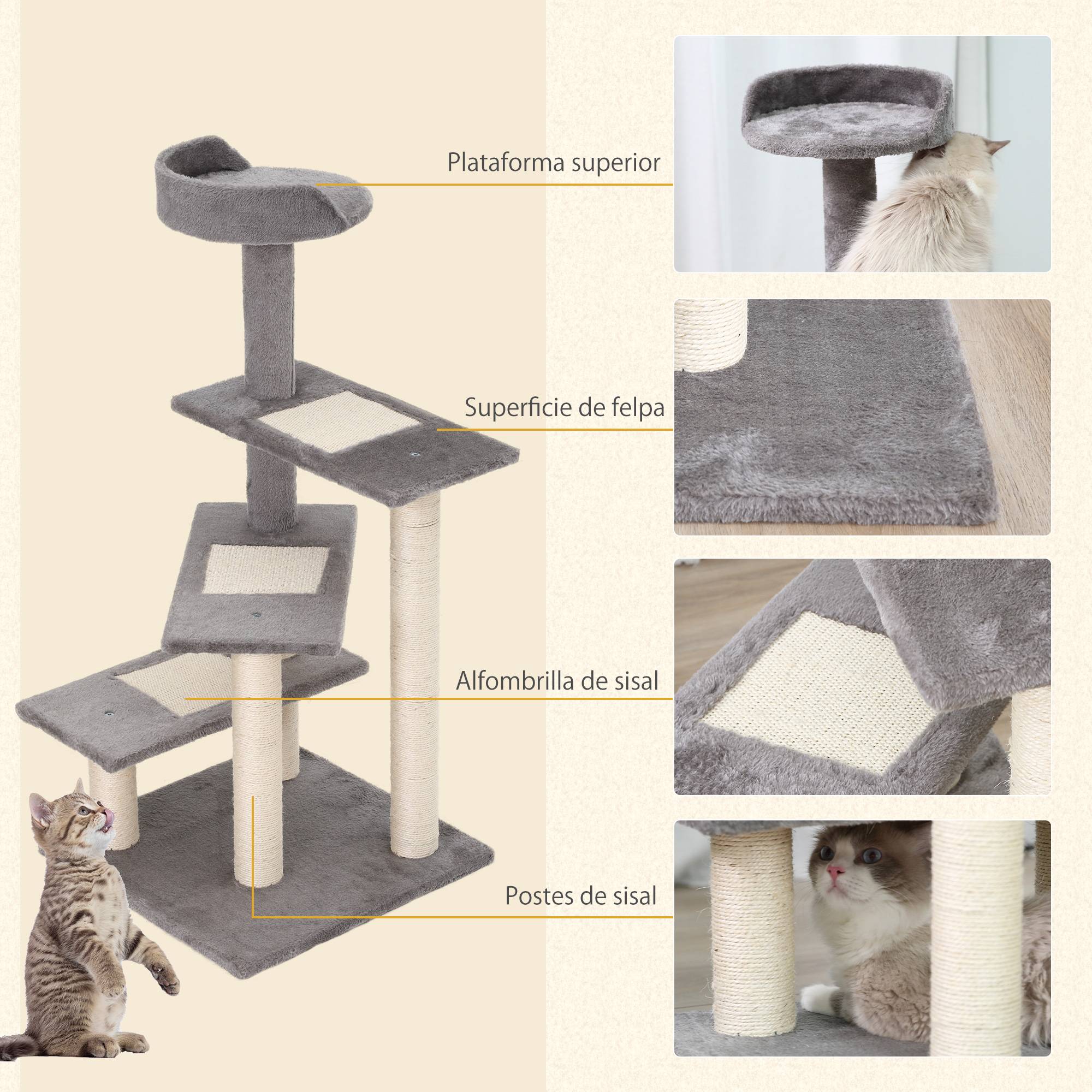 Arbre à Chat Design Spirale 100 cm avec Plateformes Griffoir en Sisal pour 3 Chats Gris Beige - ComfortXL Outdoor Living - Image 7