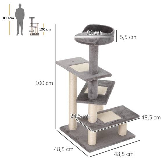 Arbre à Chat Design Spirale 100 cm avec Plateformes Griffoir en Sisal pour 3 Chats Gris Beige - ComfortXL Outdoor Living - Image 5
