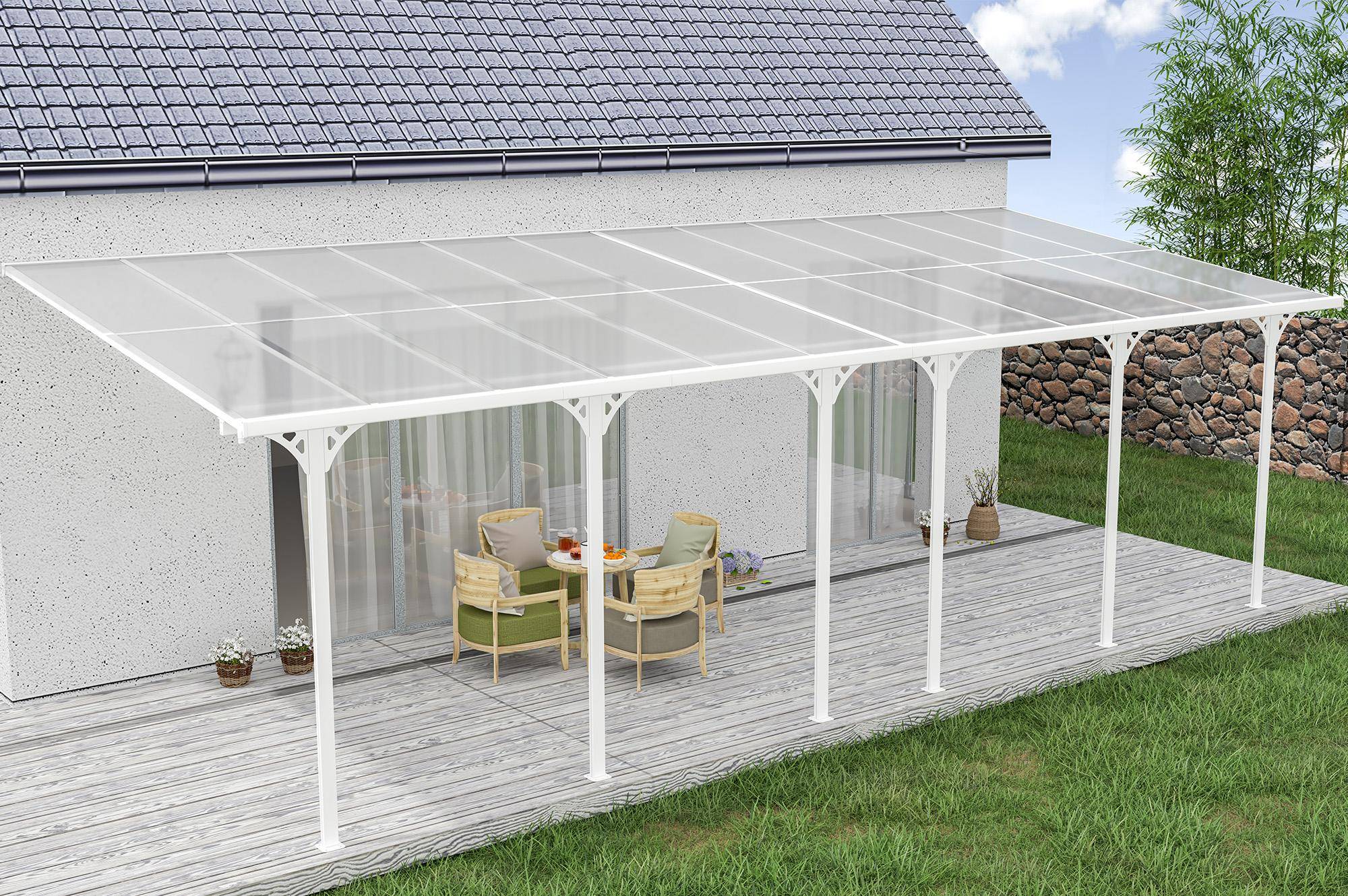 CAZEBOO - Cazeboo Pergola/Carport adossée 24 m² KLEO 8x3 m blanc - toit terrasse en aluminium et polycarbonate - Image 5