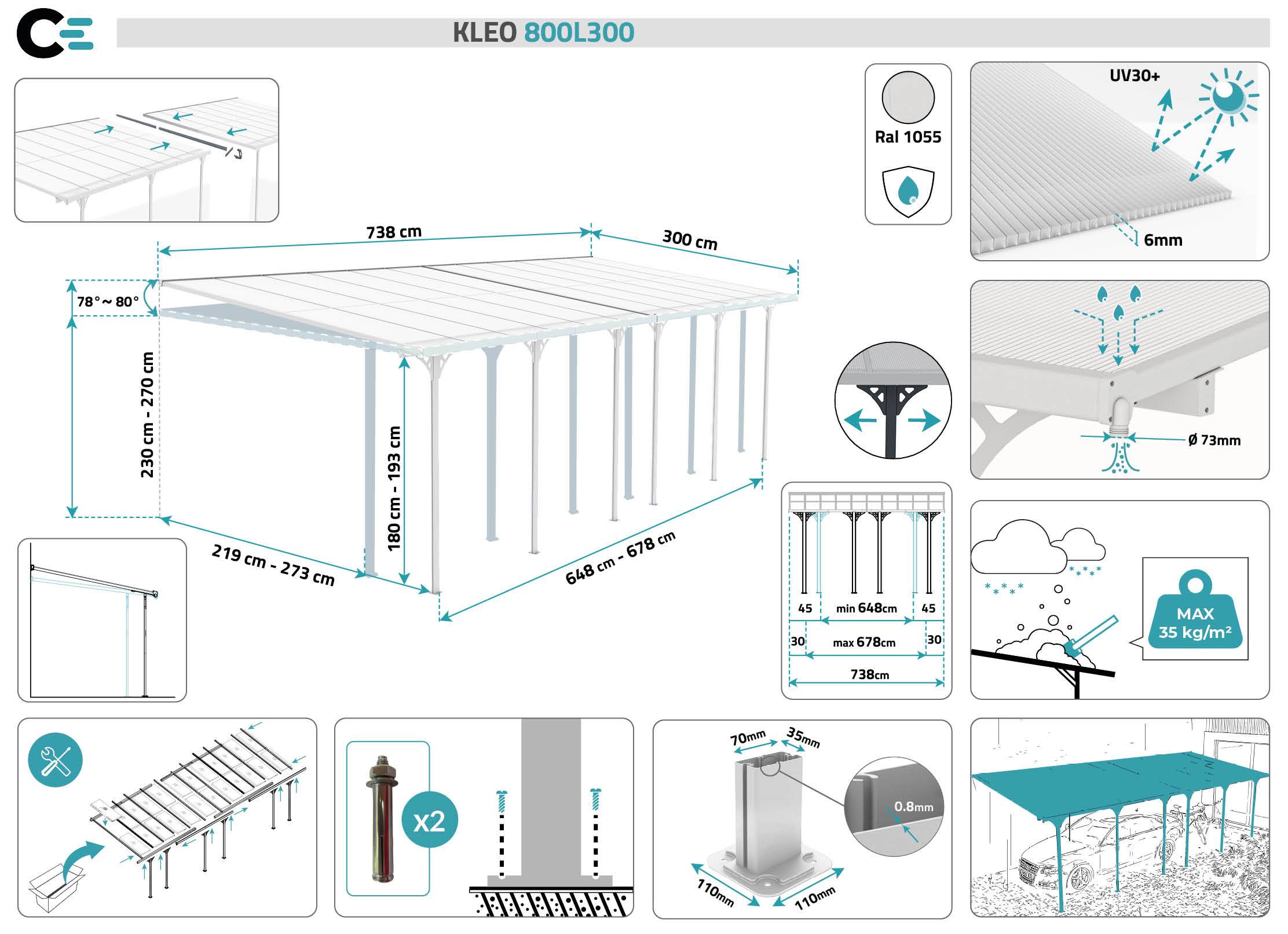 CAZEBOO - Cazeboo Pergola/Carport adossée 24 m² KLEO 8x3 m blanc - toit terrasse en aluminium et polycarbonate - Image 2